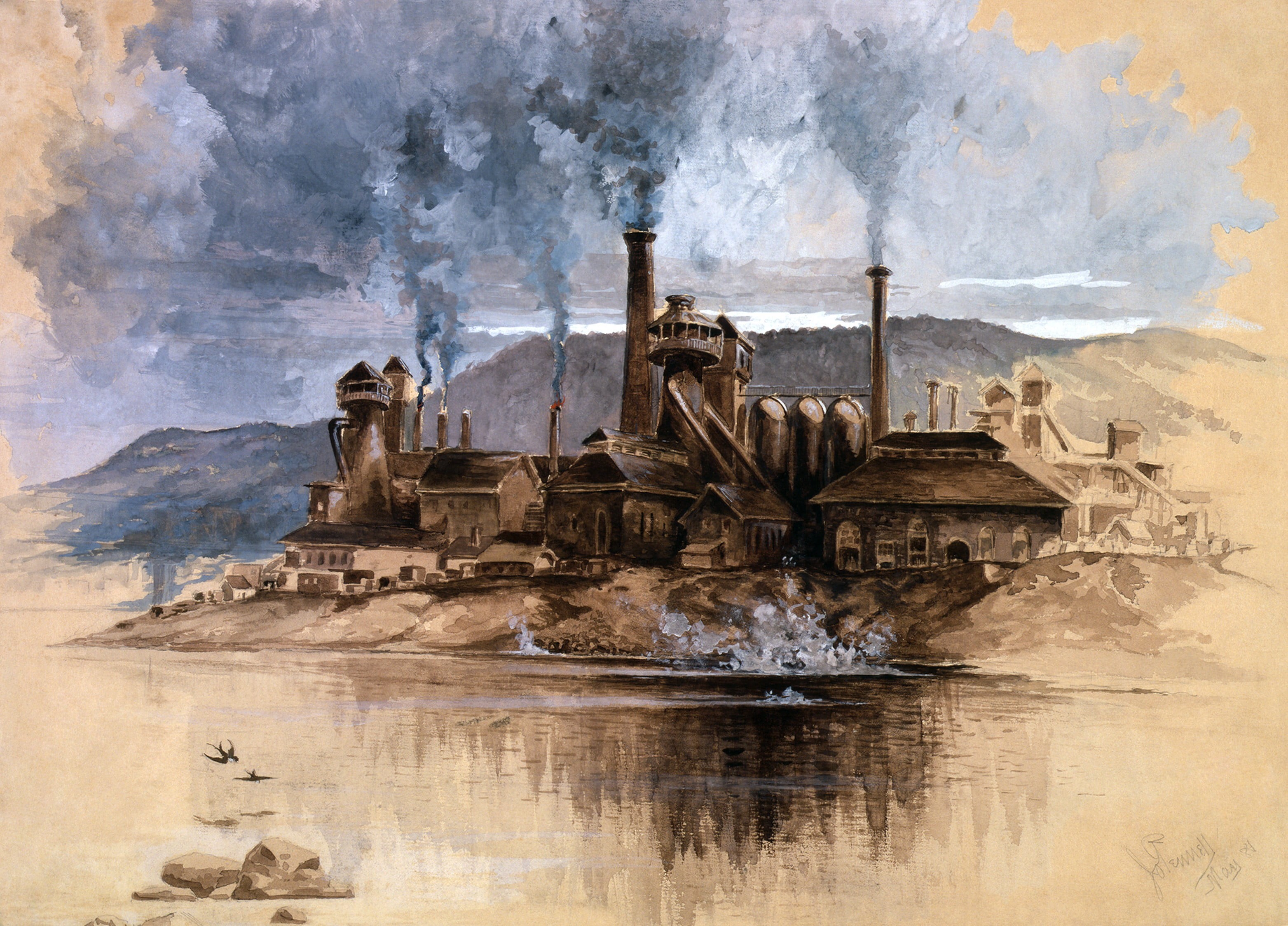 hills, clouds, religion, house, nature, travel, Joseph Pennell, painting, representation, chimneys, brown, built structure, reflection, architecture, building exterior, HD Wallpaper