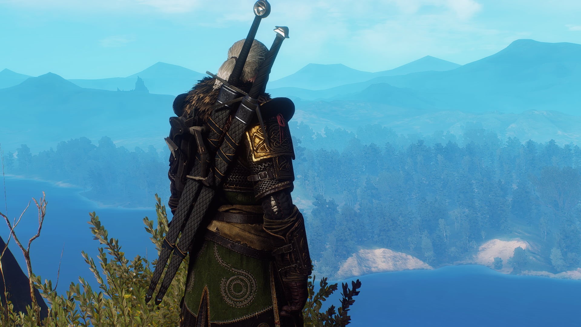 The Witcher, beauty in nature, nature, witcher, sky, representation, scenics - nature, statue, hunter, mountain, Geralt of Rivia, fog, art and craft, non-urban scene, HD Wallpaper