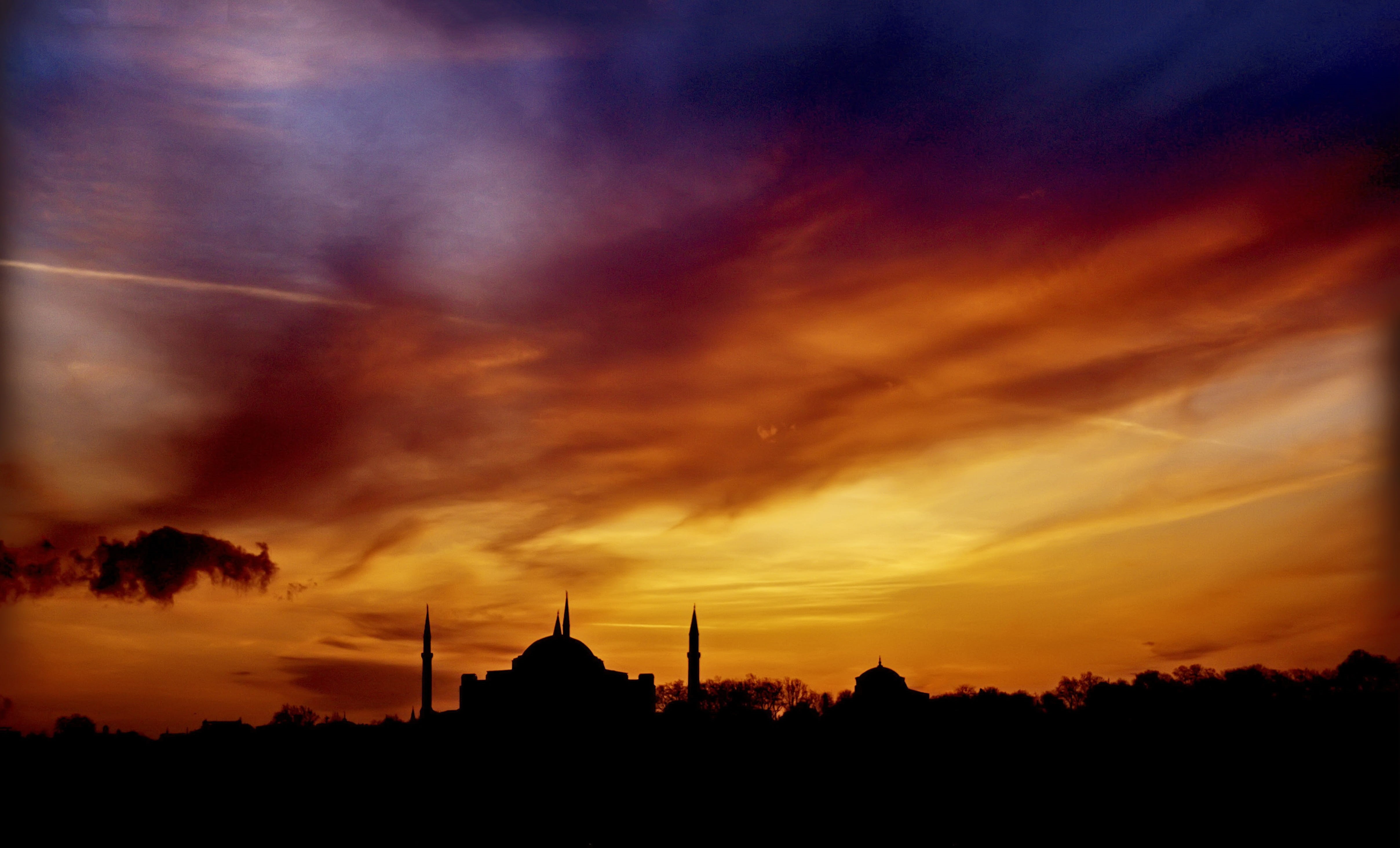 spirituality, sky, orange color, building exterior, scenics - nature, holy, tree, sunset, religion, dramatic sky, nature, place of worship, mosque, islam, HD Wallpaper