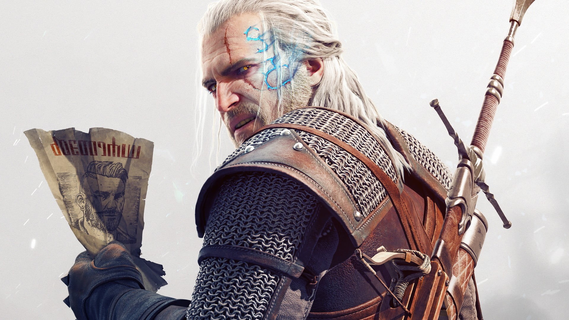 adult, Geralt of Rivia, front view, 1080P, indoors, one person, holding, senior adult, white hair, history, clothing, gray hair, The Witcher 3: Wild Hunt, HD Wallpaper