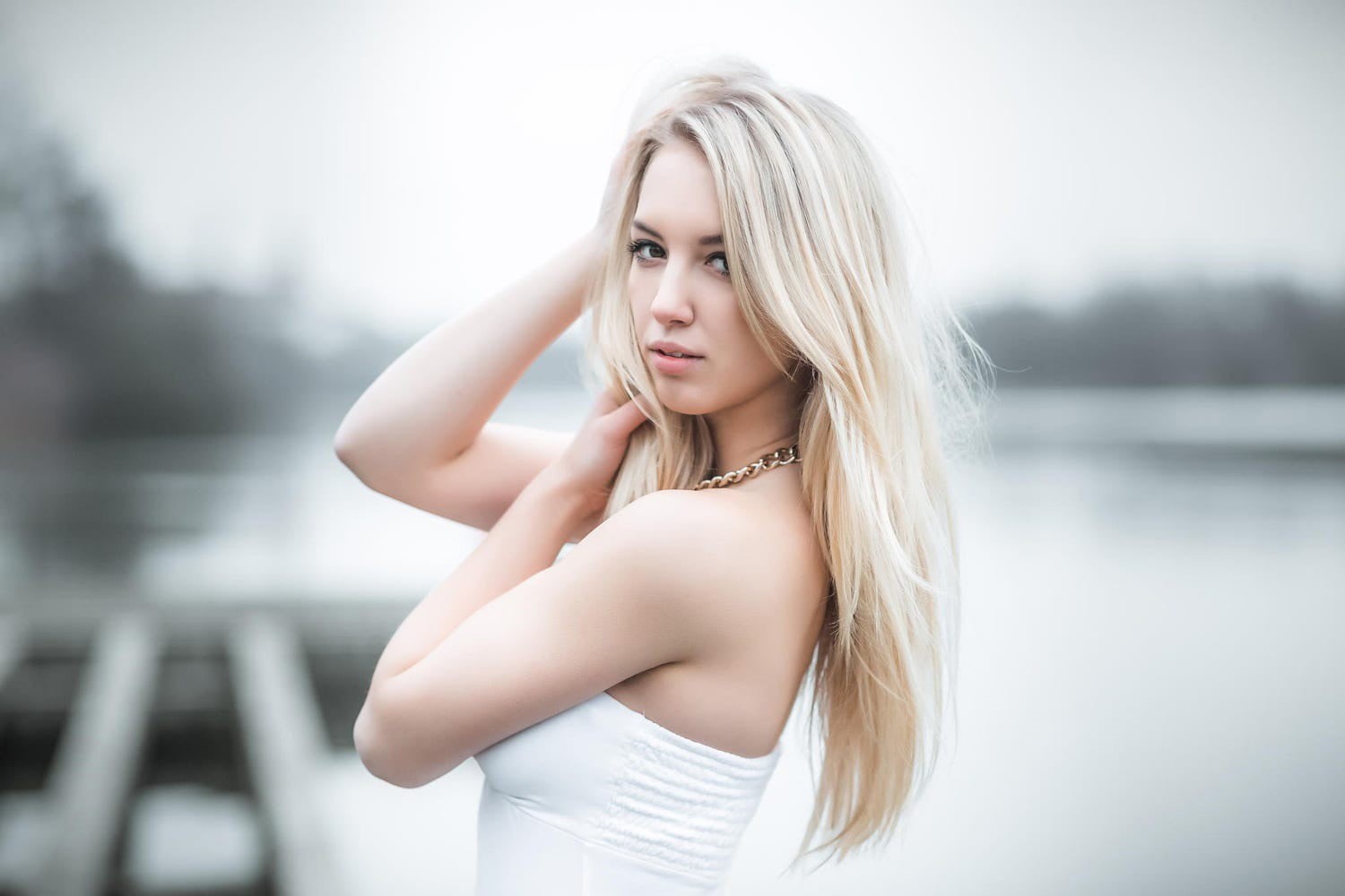 temptation, top, beauty, Alicia Schneider, white dress, body part, posing, blonde, hair, long hair, adult, platinum blonde, lake, white, looking at viewer, HD Wallpaper