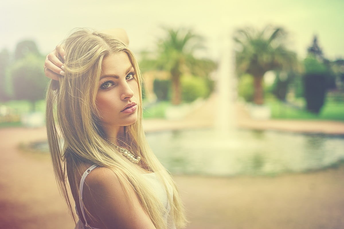 women, swimming pool, beautiful woman, blond hair, water, fountain, young women, one person, palm tree, portrait, depth of field, nature, tropical climate, HD Wallpaper