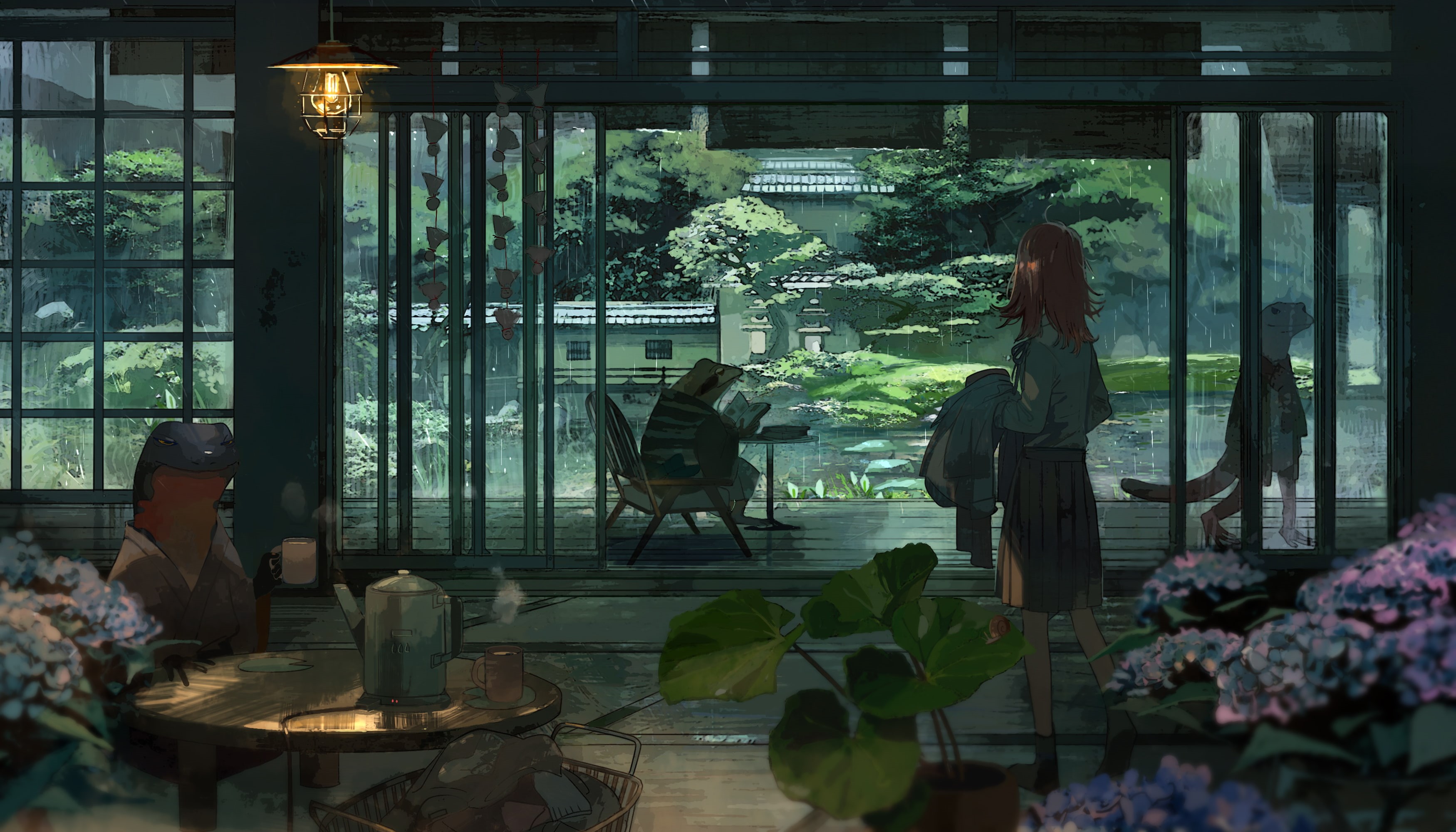 frog, anime girls, fantasy art, rain, 2K, HD Wallpaper