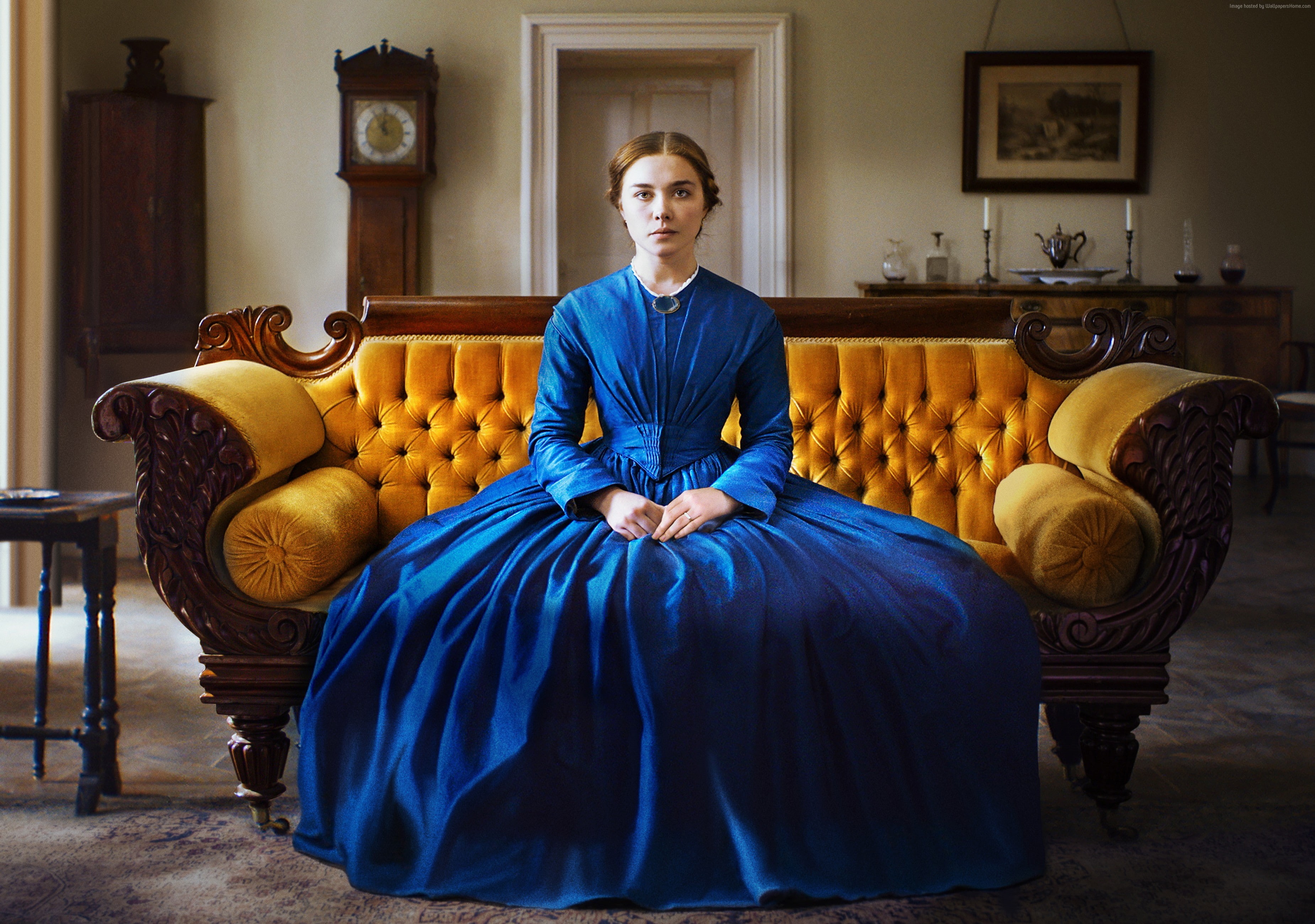 one person, portrait, 4K, blue, Florence Pugh, three quarter length, looking at camera, hairstyle, front view, sitting, real people, furniture, living room, HD Wallpaper