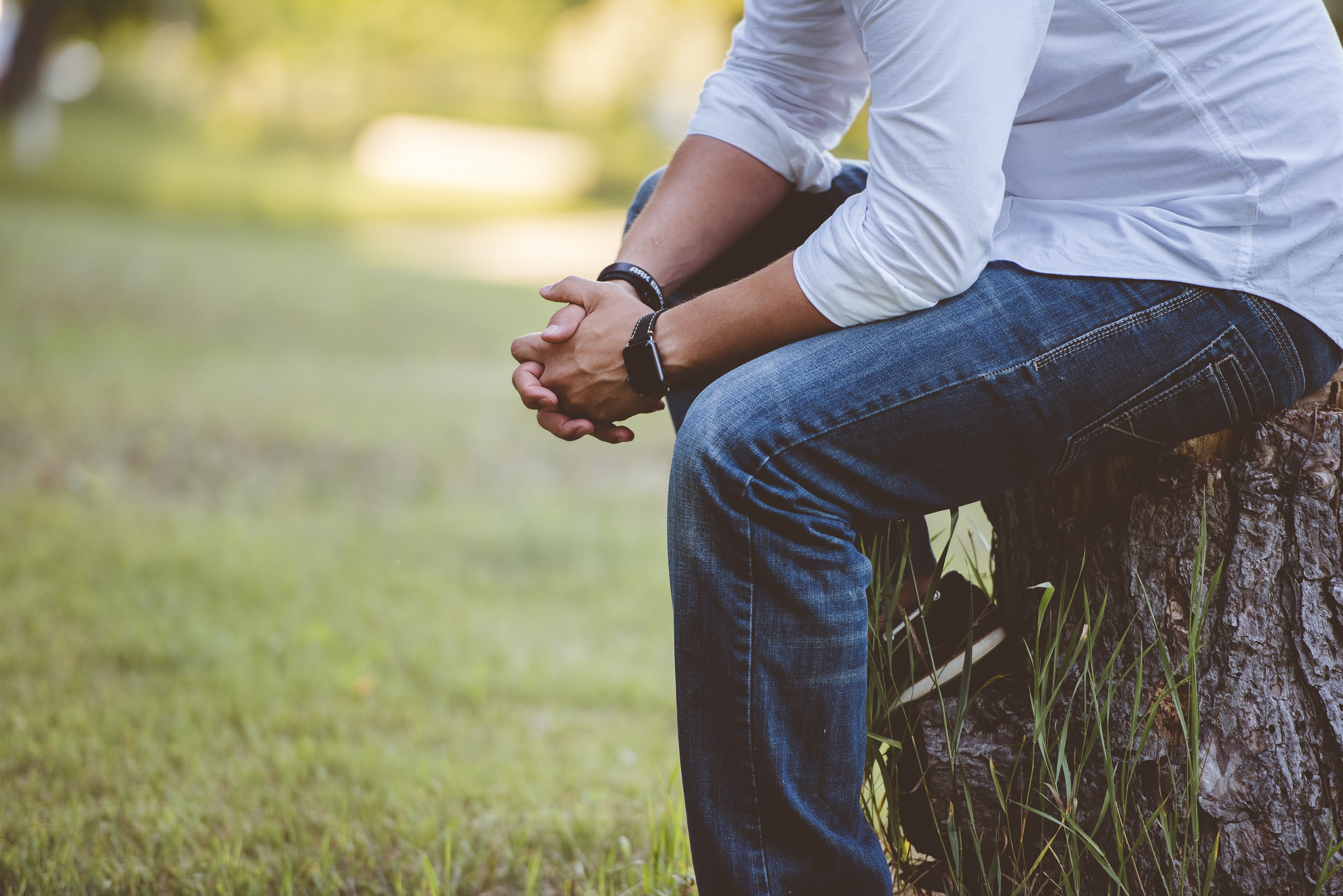 blue, wearing, rest, stump, grass, jeans, hand, focus, human hand, outdoors, men, people, casual clothing, women, white, standing, focus on foreground, HD Wallpaper