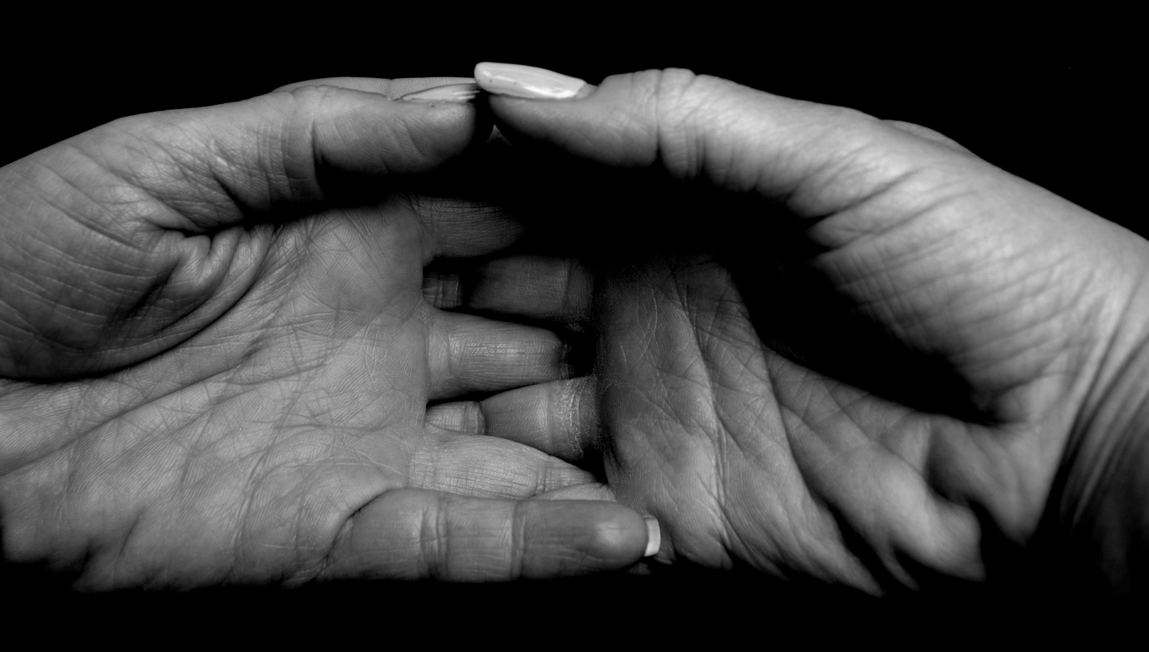 hands clasped, close-up, finger, love, human body part, contemplation, positive emotion, grief, hand, women, black and white, people, 4K, human finger, HD Wallpaper