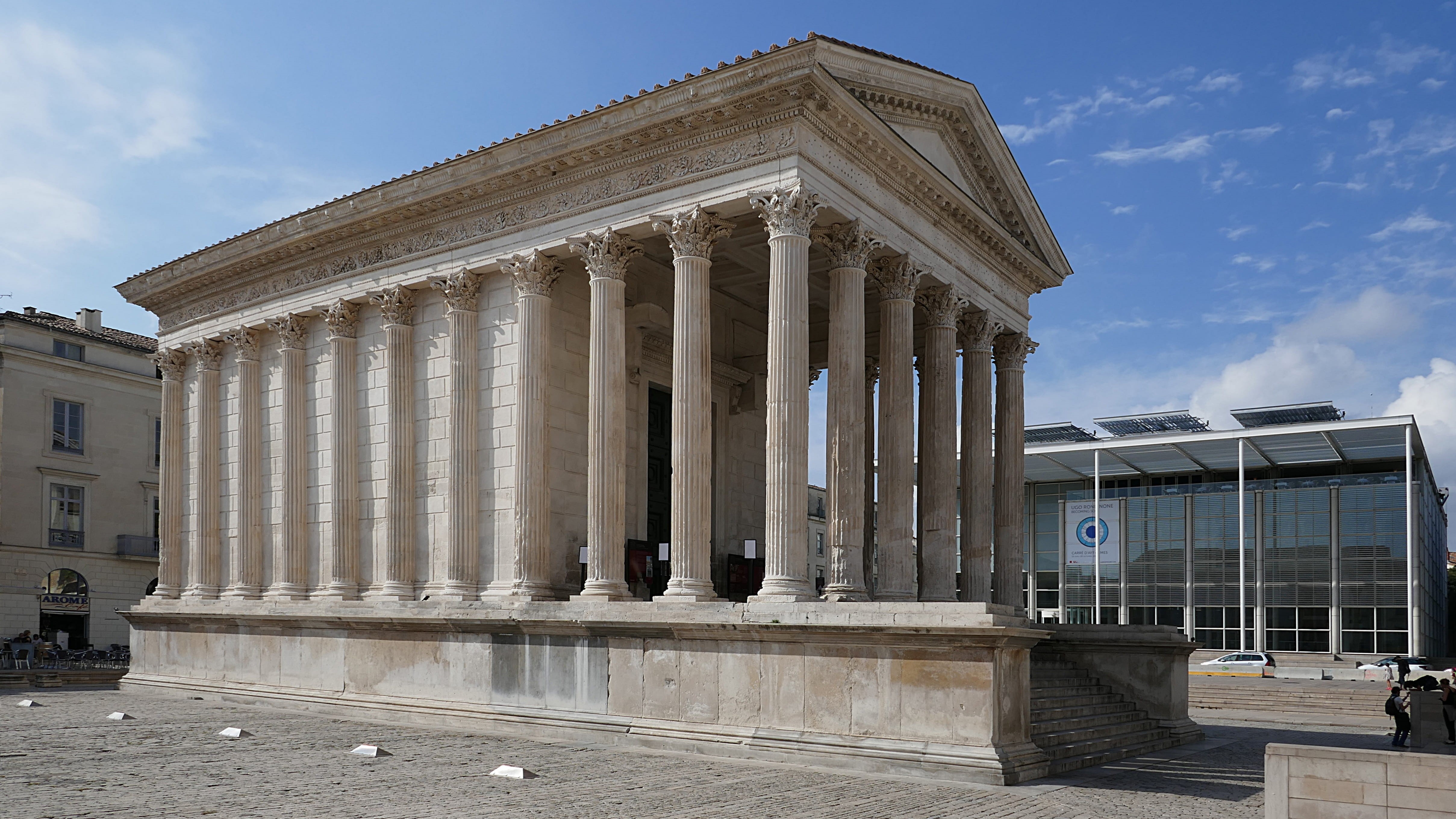 city, architectural Column, Temple, Nimes, built Structure, travel destinations, roman, neo-classical, france, nature, 4K, no people, famous Place, courthouse, HD Wallpaper