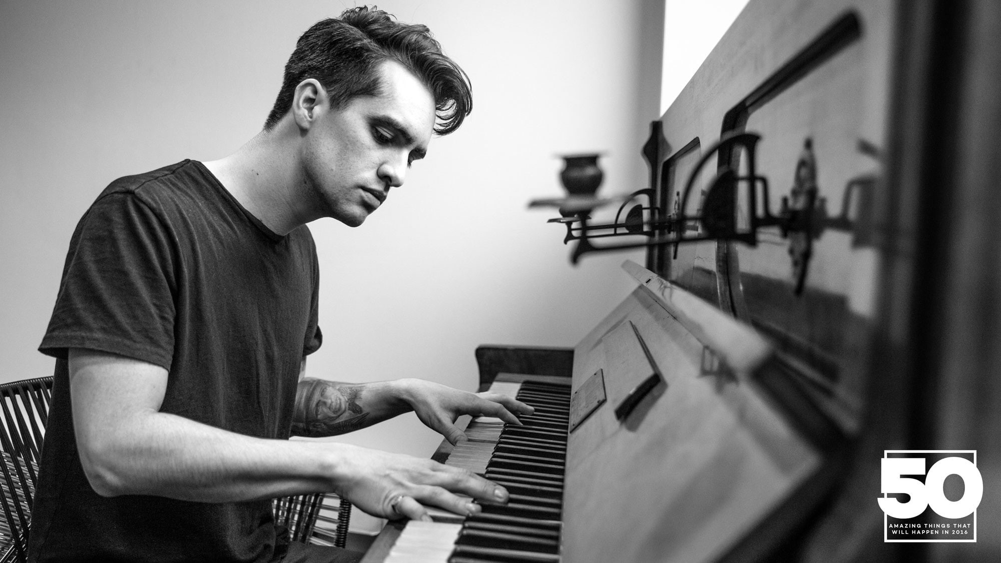 young adult, 1080P, studio, monochrome, playing, Brendon Urie, musician, men, musical instrument, sitting, music, indoors, piano key, arts culture and entertainment, HD Wallpaper