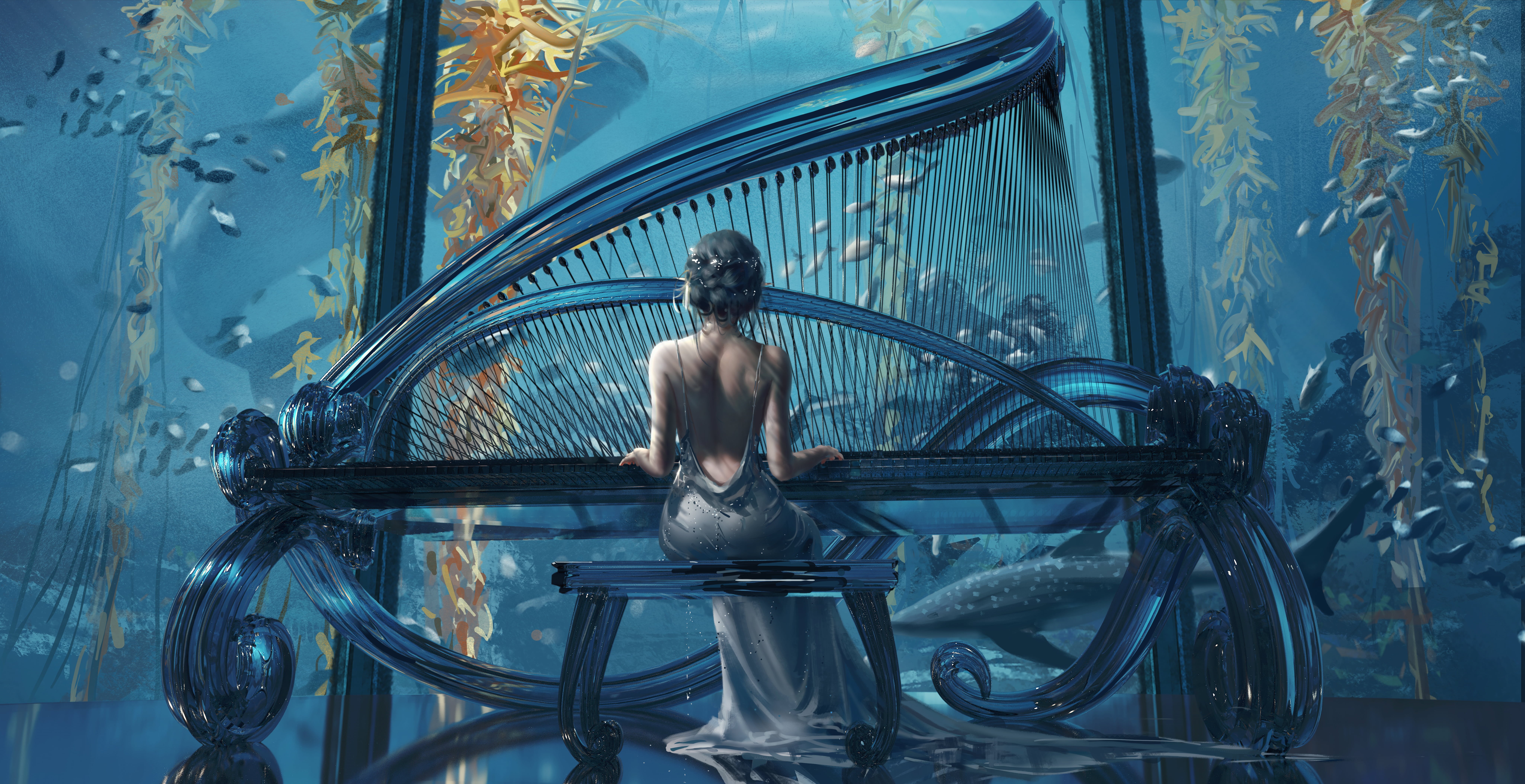 piano, digital art, women, musical instrument, 8K, water, drawing, WLOP, HD Wallpaper
