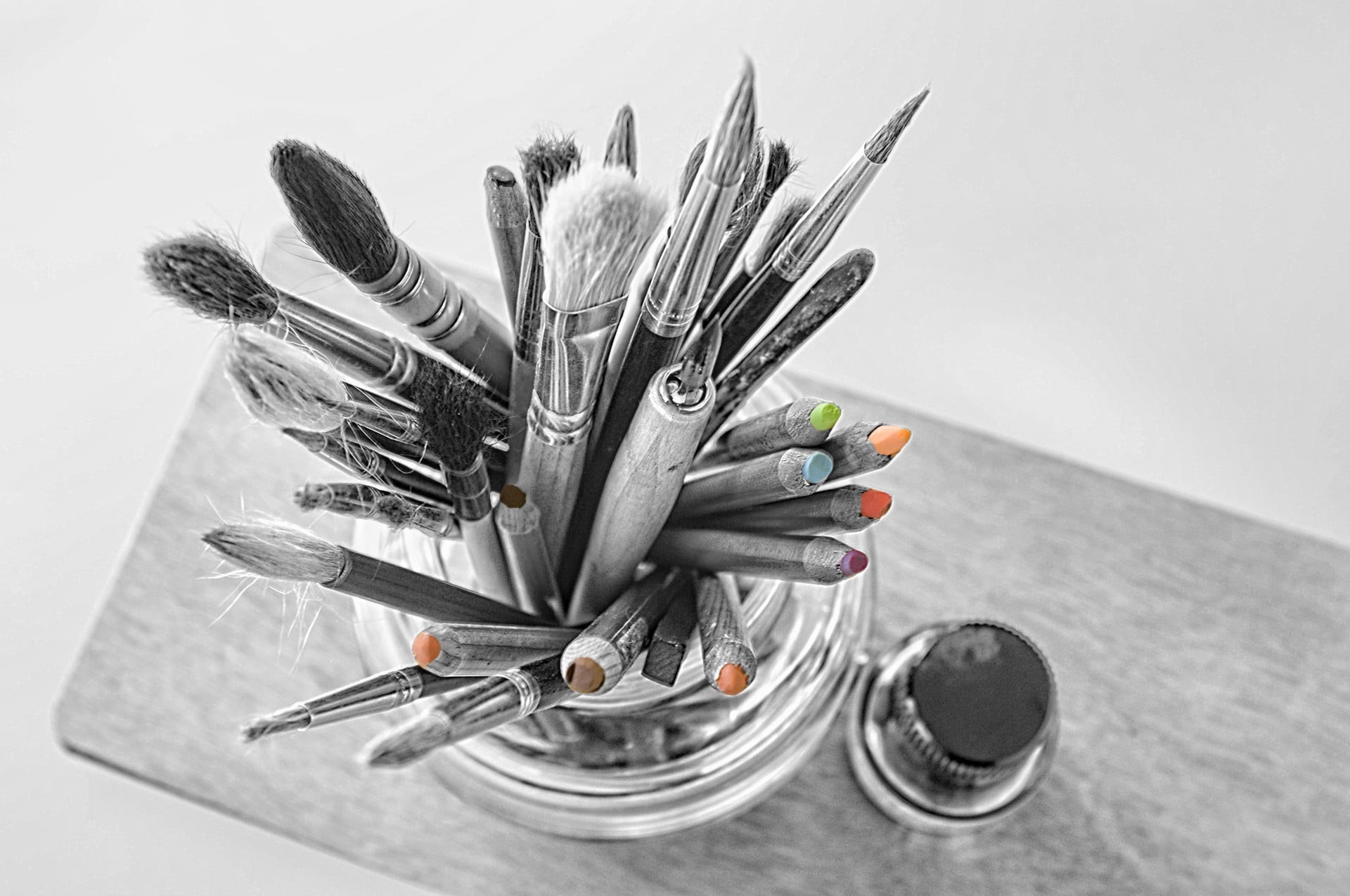 craft, plant, collection, selective coloring, gray, painting, metal, choice, silver colored, abstract, paintbrush, paintbrushes, crockery, equipment, close-up, HD Wallpaper