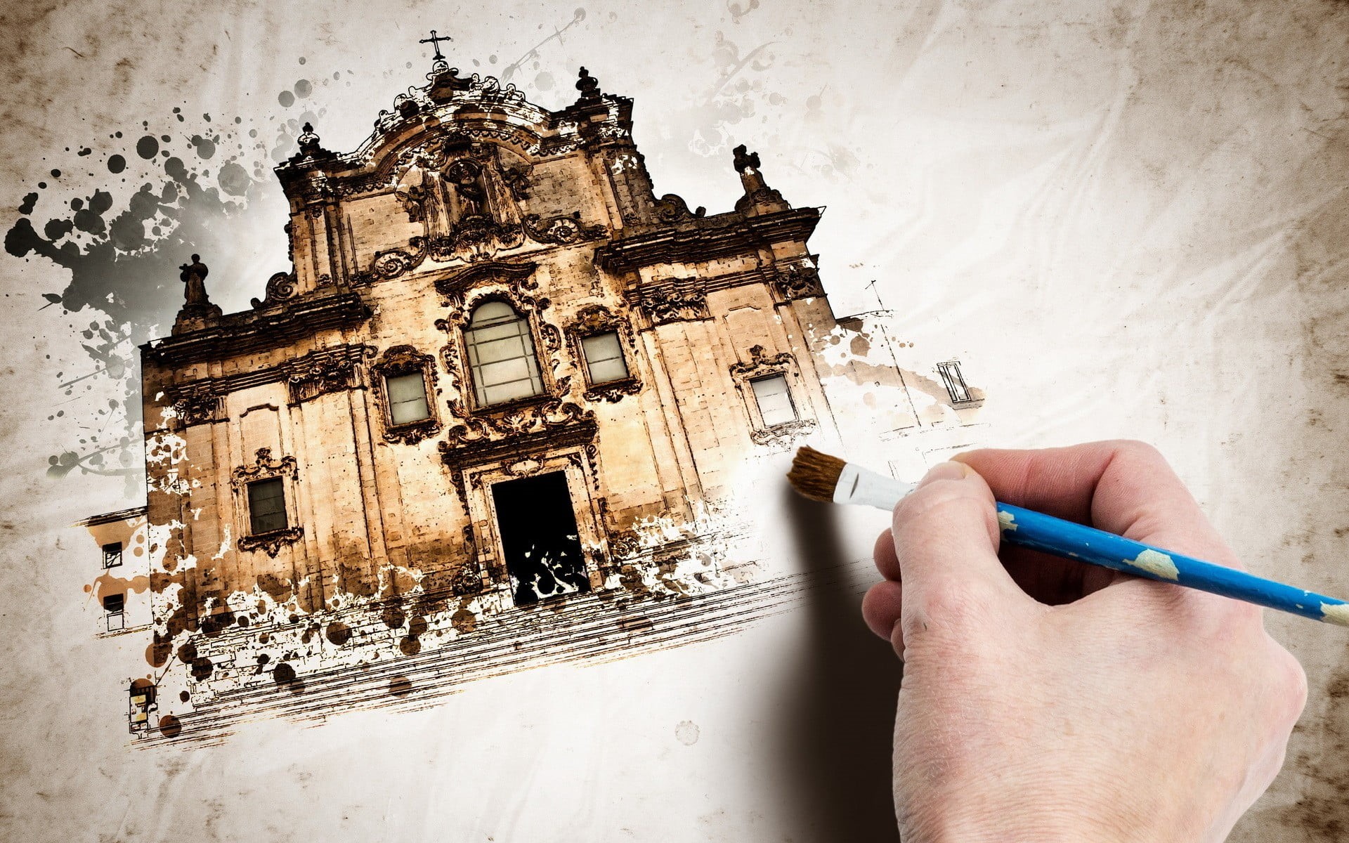 holding, creativity, canvas, art and craft, paint splatter, digital art, place of worship, building exterior, religion, 1080P, painting, belief, church, HD Wallpaper