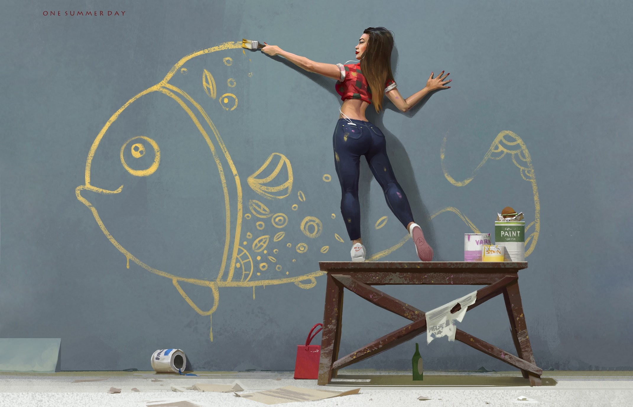 young women, artwork, adult, chair, real people, art and craft, women, seat, one person, full length, leisure activity, sport, fish, creativity, hairstyle, HD Wallpaper