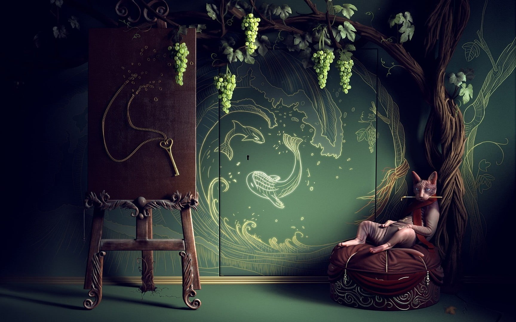 keys, representation, canvas, wall - building feature, easel, casual clothing, domestic room, human representation, one person, plant, 720P, drawing, grapes, HD Wallpaper