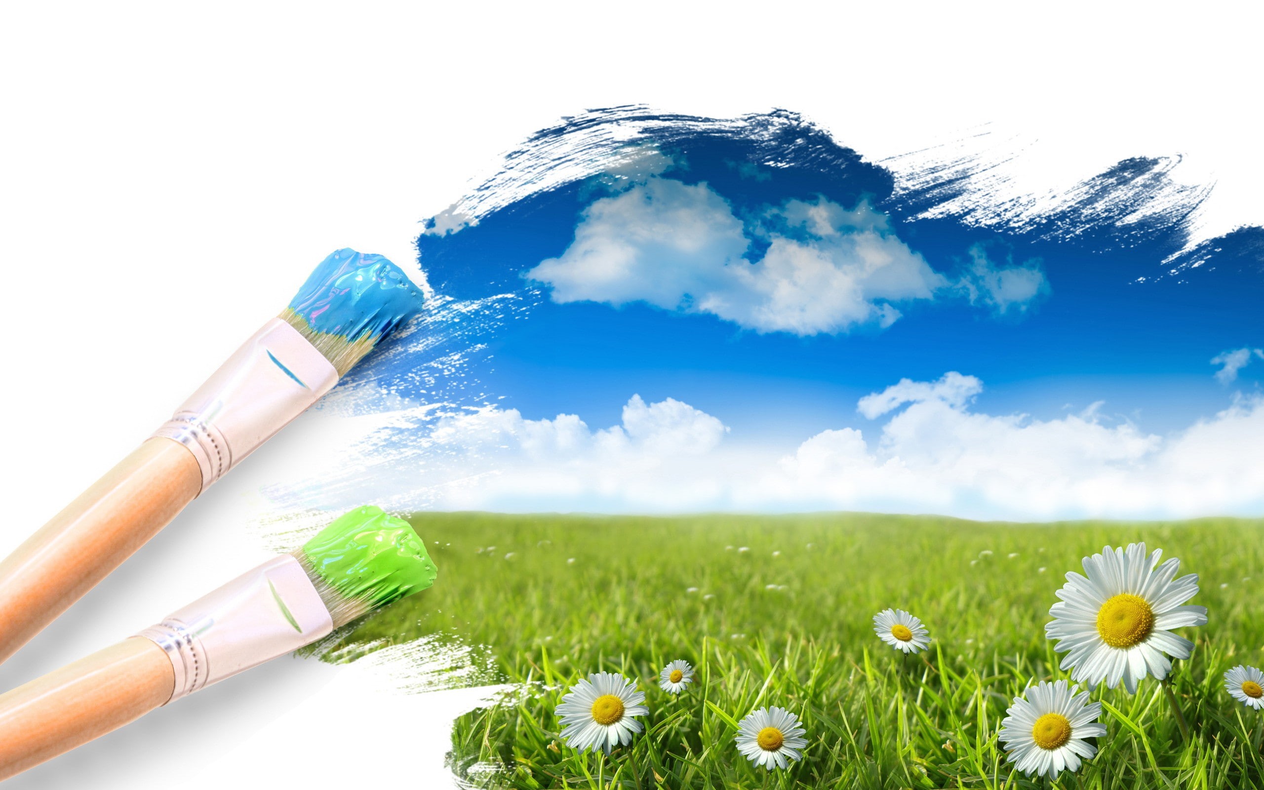 painting, flowers, paintbrushes, nature, 2K, grass, HD Wallpaper