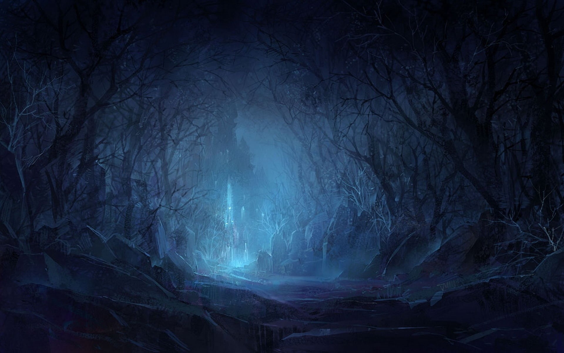 fantasy, light - Natural Phenomenon, tree, mystery, land, light, cold - Temperature, magic, outdoors, trees, snow, spooky, night, abstract, 1080P, HD Wallpaper