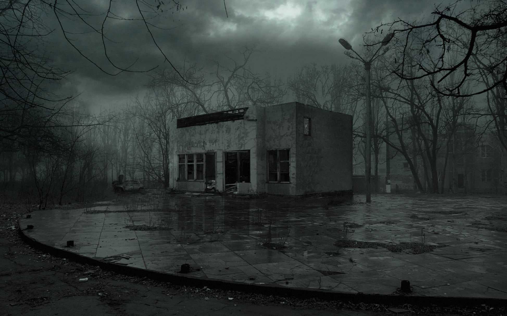 dark, Pripyat, dusk, rainy season, window, storm, old, dirty, bare tree, pustosh, sullen, damaged, black And White, no People, overcast, gray, architecture, HD Wallpaper