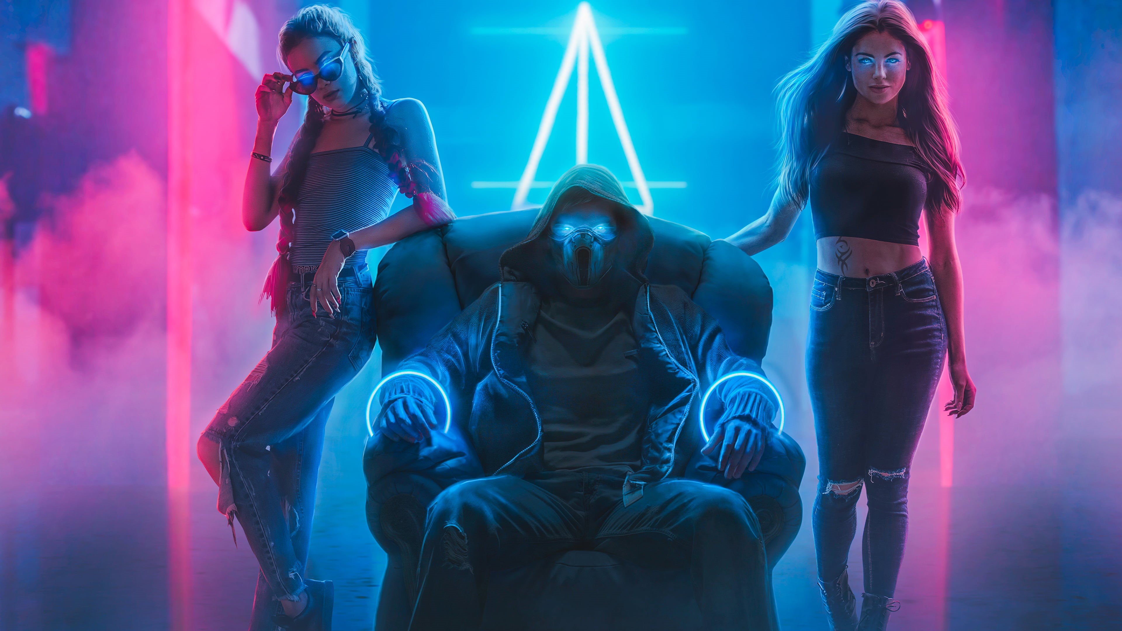 Cyberpunk, Woman, Chair, Man, Mask, Blue Eyes, 4K, Sci Fi, HD Wallpaper