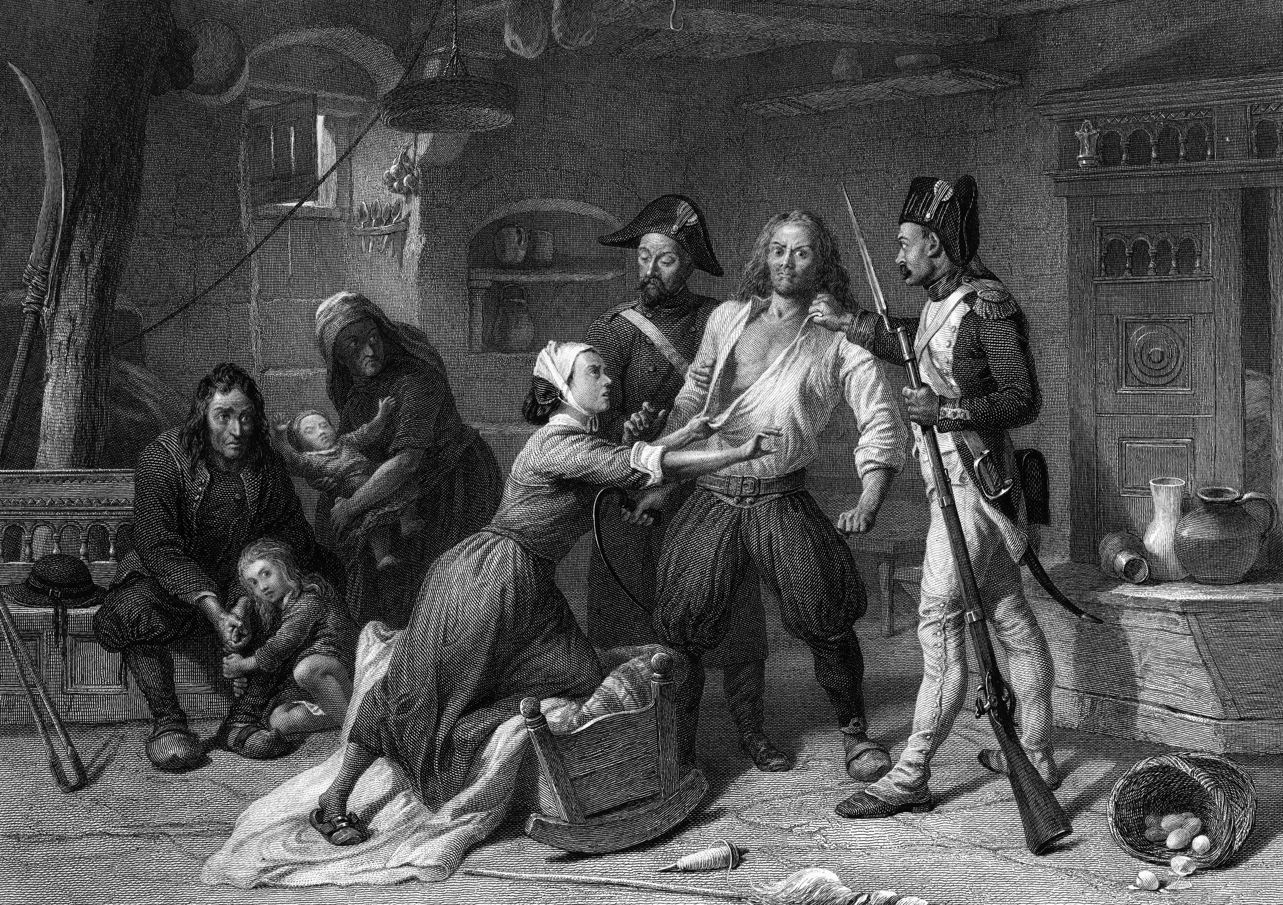 1793, engraving, 4K, the French revolution, black and white, Arrest of the royalist, HD Wallpaper