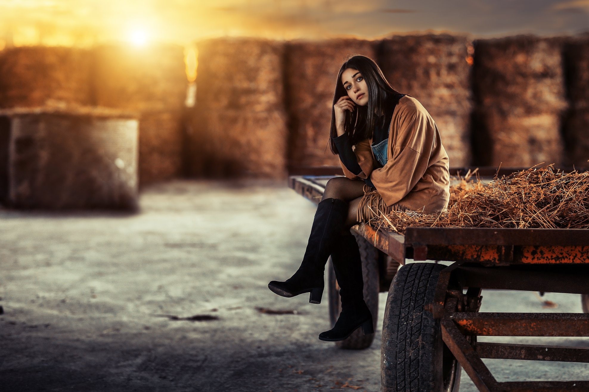boots, wagon, farm, Alessandro Di Cicco, 1080P, Margherita Arrest, hay, pose, girl, HD Wallpaper