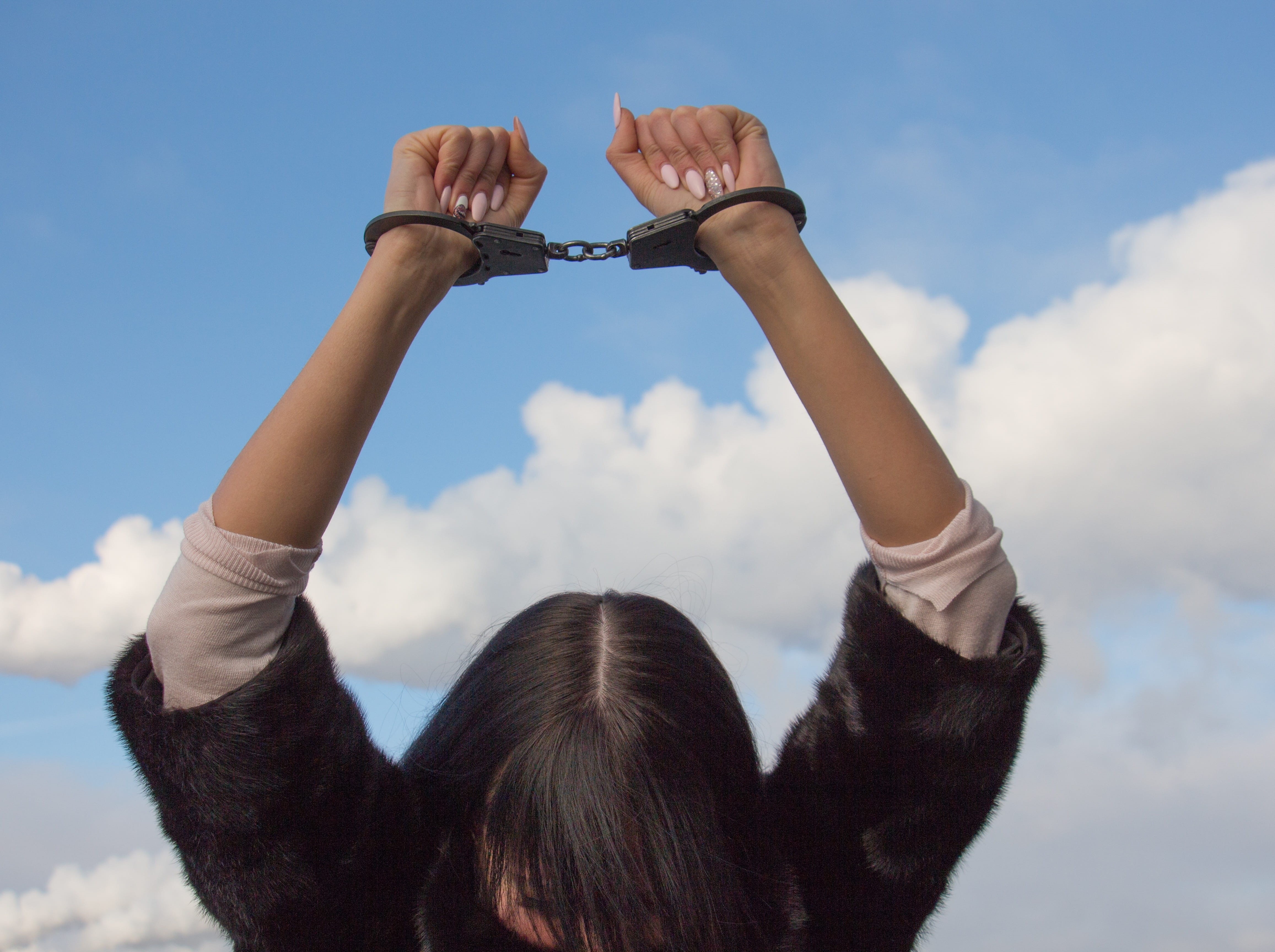 body part, hands, dependent, 4K, holding, arms raised, raising, hairstyle, black, real people, one person, black and white, gray, arrested woman, white, HD Wallpaper