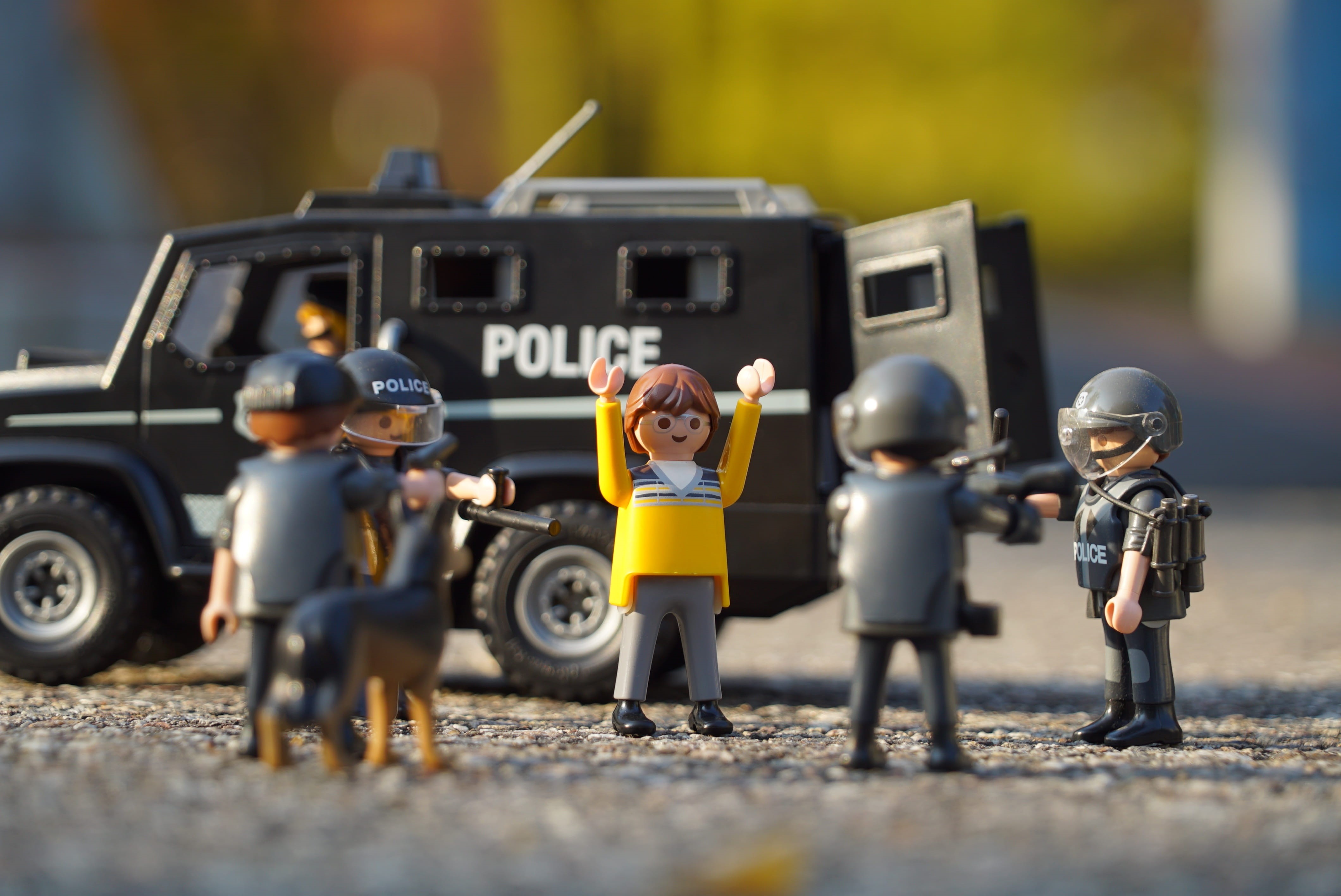 day, looking at camera, Police, mode of transportation, standing, motor vehicle, Playmobil, helmet, toy, land vehicle, Swat, raider, 4K, hoo, roundup, HD Wallpaper