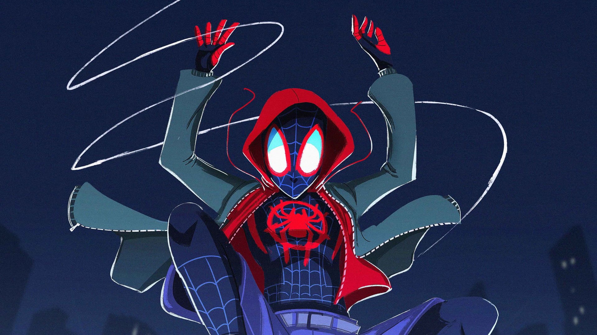 close-up, representation, spiderman into the spider verse, clear sky, red, illuminated, flying, artwork, artist, creativity, pattern, spiderman, outdoors, HD Wallpaper