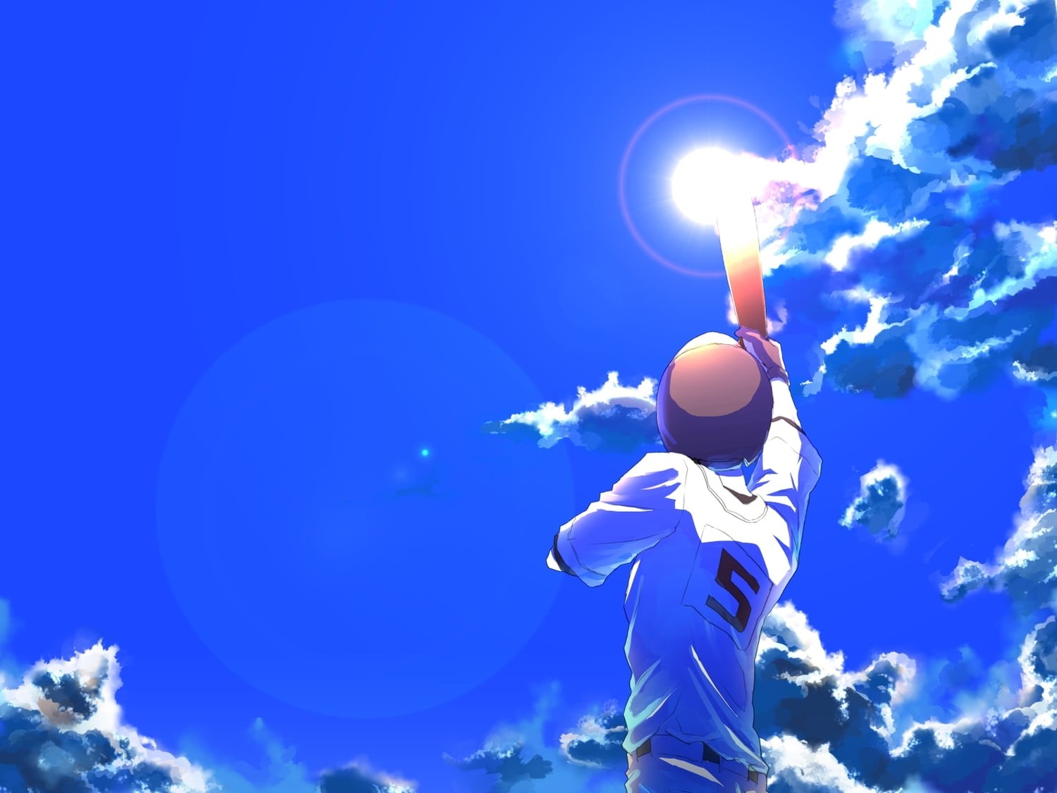 men, blue, lifestyles, uniform, day, lens flare, sphere, fragility, clouds, sky, low angle view, playing, nature, outdoors, baseball, 720P, sunlight, standing, HD Wallpaper