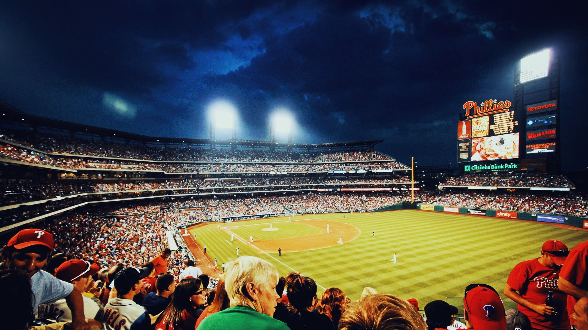 lighting equipment, architecture, event, real people, stadium, illuminated, leisure activity, team sport, built structure, Philadelphia, table, sports, HD Wallpaper