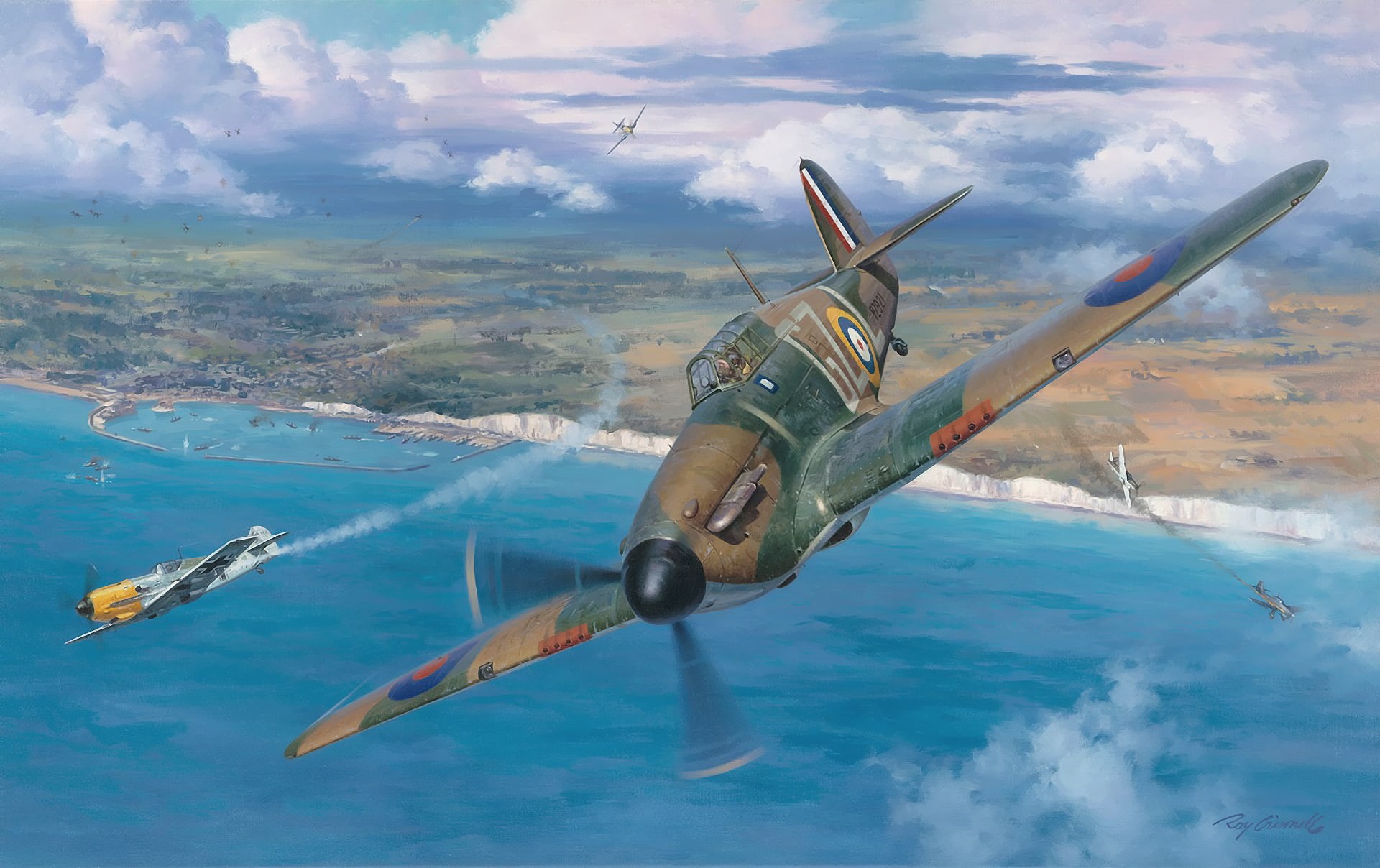 Junkers Ju 87, 1080P, ww2, painting art, Messerschmitt Bf 109, aviation, war, battle of britain, Hawker Hurricane, HD Wallpaper
