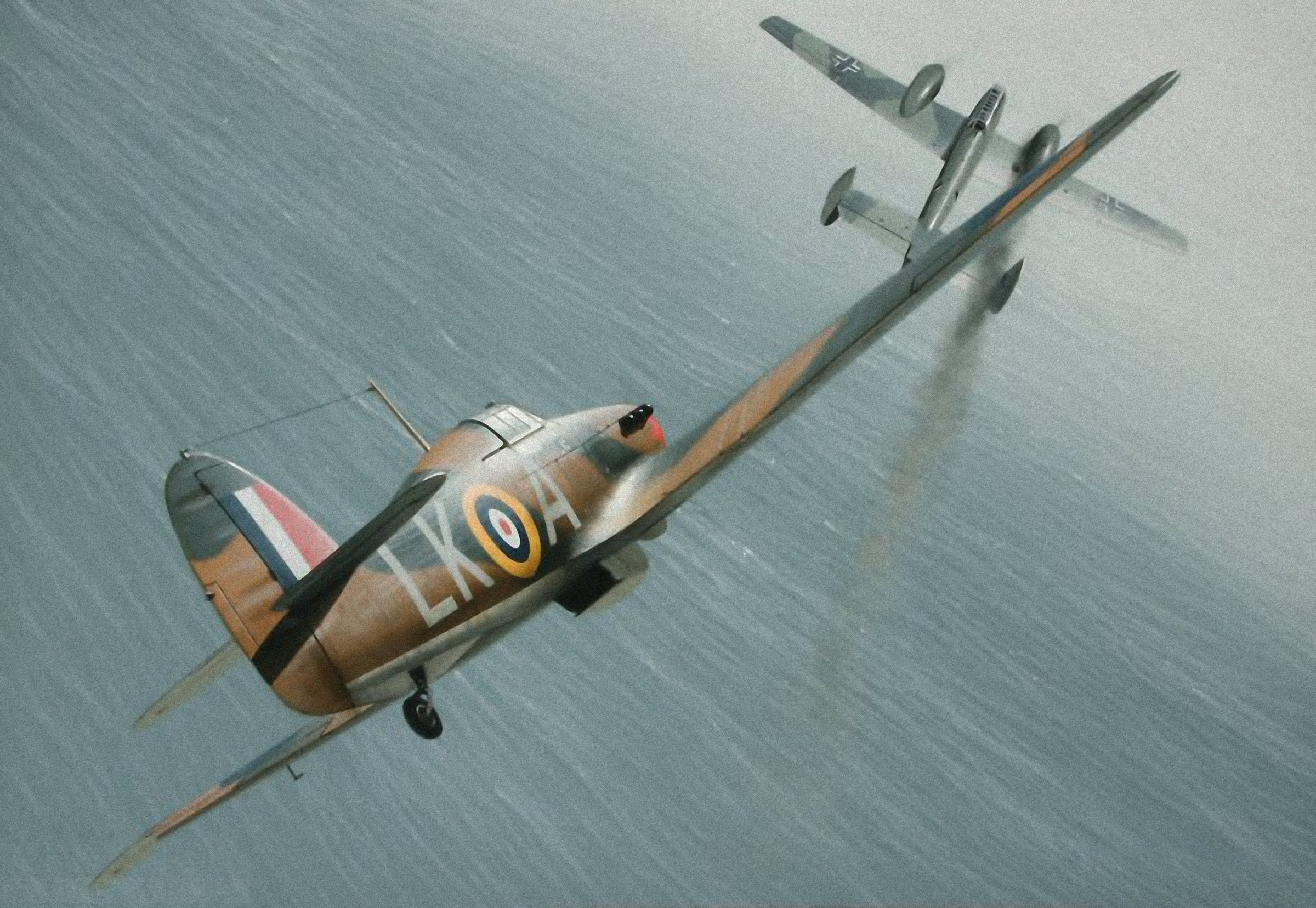war, aircraft, art, hawker hurricane, air vehicle, 1080P, aviation art, sea, tranquility, mode of transportation, airplane, transportation, combat, dogfight, HD Wallpaper