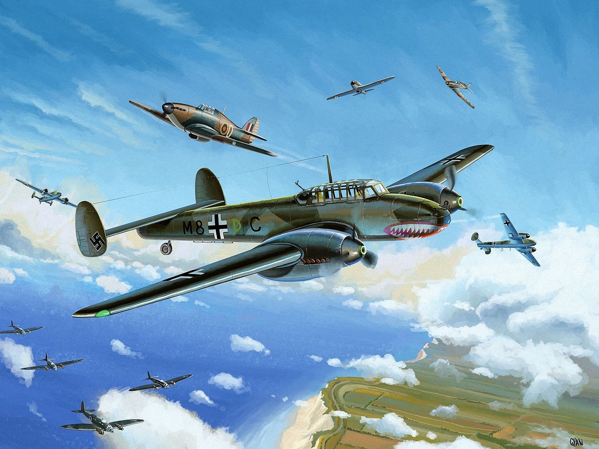 dover, no people, weapon, mid-air, mode of transportation, flying, war, nature, art, sky, airplane, dogfight, air, propeller, travel, commercial Airplane, HD Wallpaper