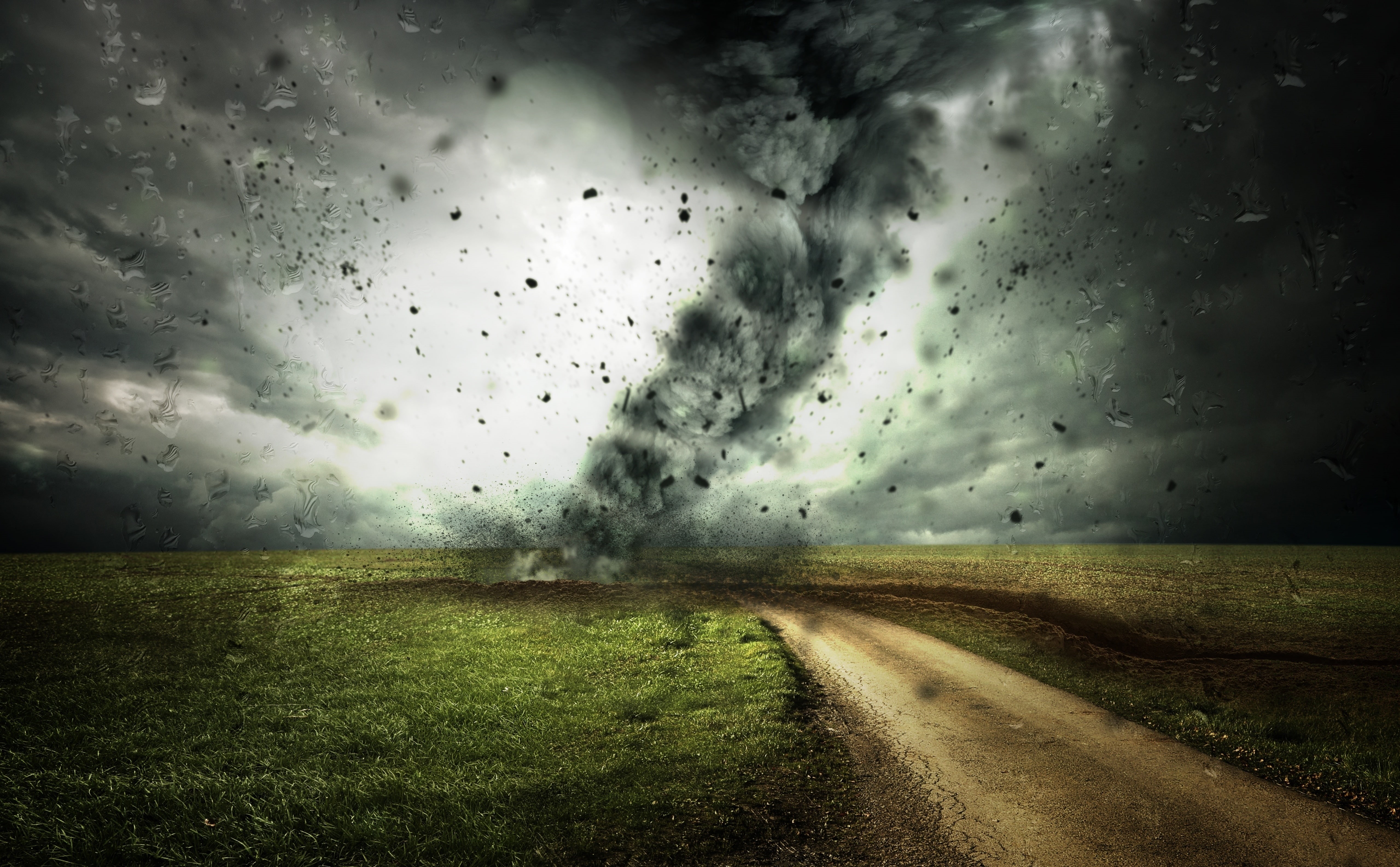 hurricane, Creative, Glass, Dark, land, Raindrops, grass, sky, Road, outdoors, beauty in nature, Clouds, dirtroad, environment, 5K, water, Aero, cloud - sky, HD Wallpaper