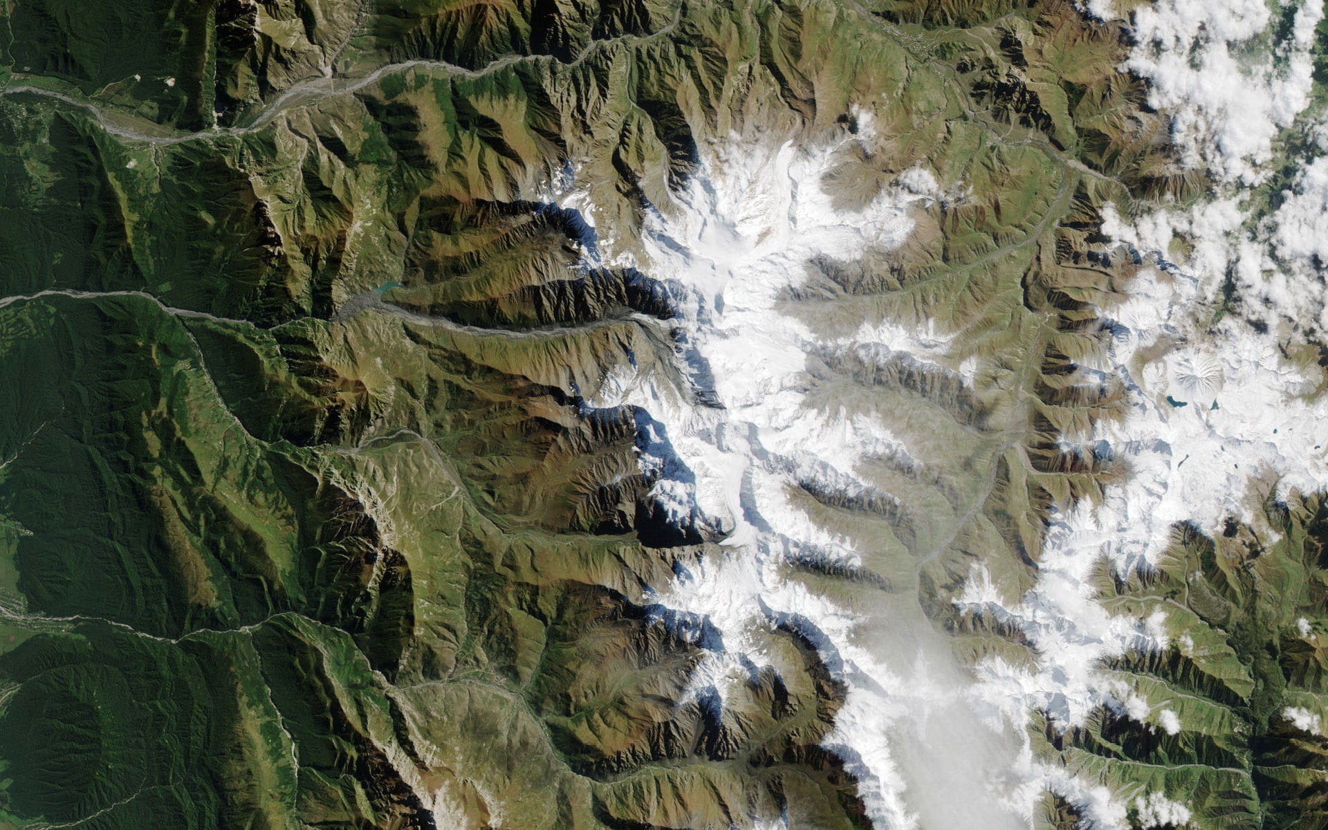 NASA, birds eye view, glaciers, mountains, winter, landscape, satellite, 1080P, snow, Russia, nature, HD Wallpaper