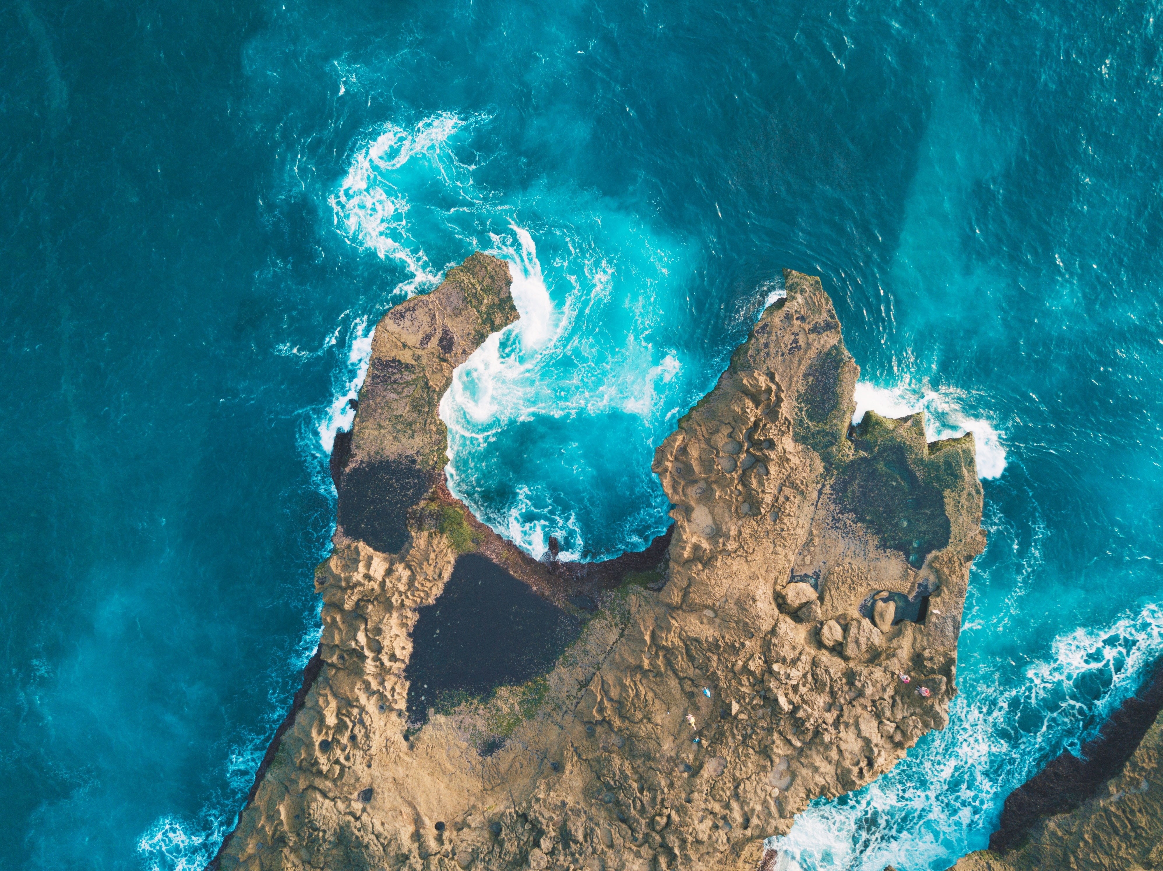 day, rock - object, cyan, idyllic, blue, rock formation, outdoors, coast, sea, scenics - nature, tranquility, no people, rock, 4K, high angle view, land, HD Wallpaper
