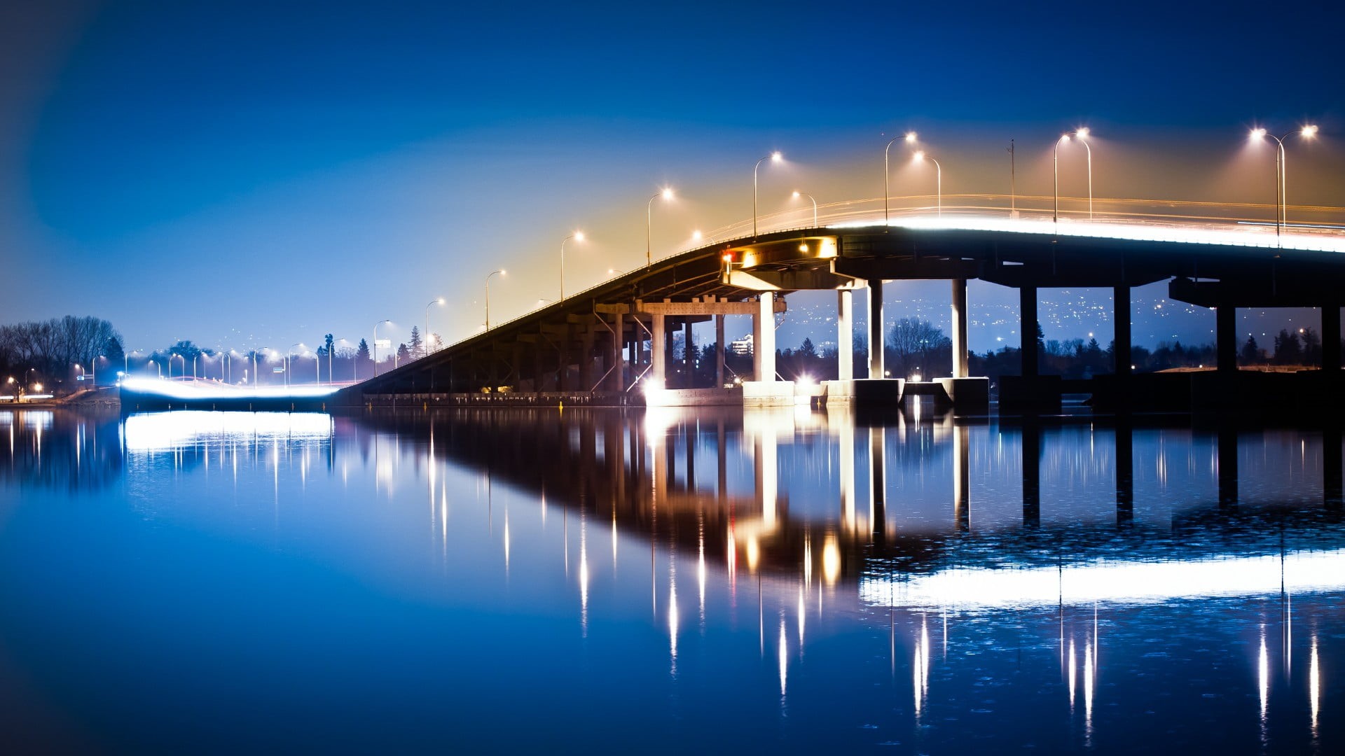 dusk, reflected, evening, cityscape, sky, architectural column, nature, lighting, bridge, illuminated, blue, transportation, british columbia, canada, bridge - man made structure, HD Wallpaper