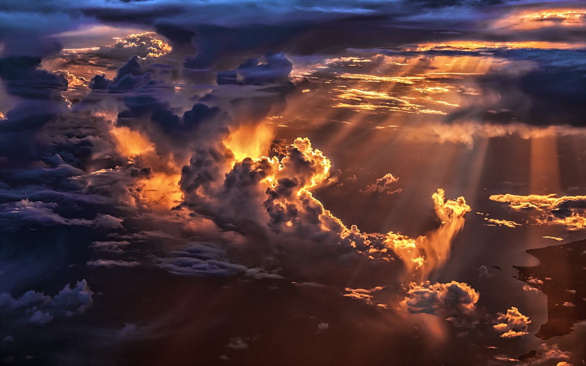clouds, beauty in nature, sunset, nature, sunbeam, tranquility, tranquil scene, birds eye view, 1080P, sunlight, scenics - nature, aerial view, outdoors, HD Wallpaper