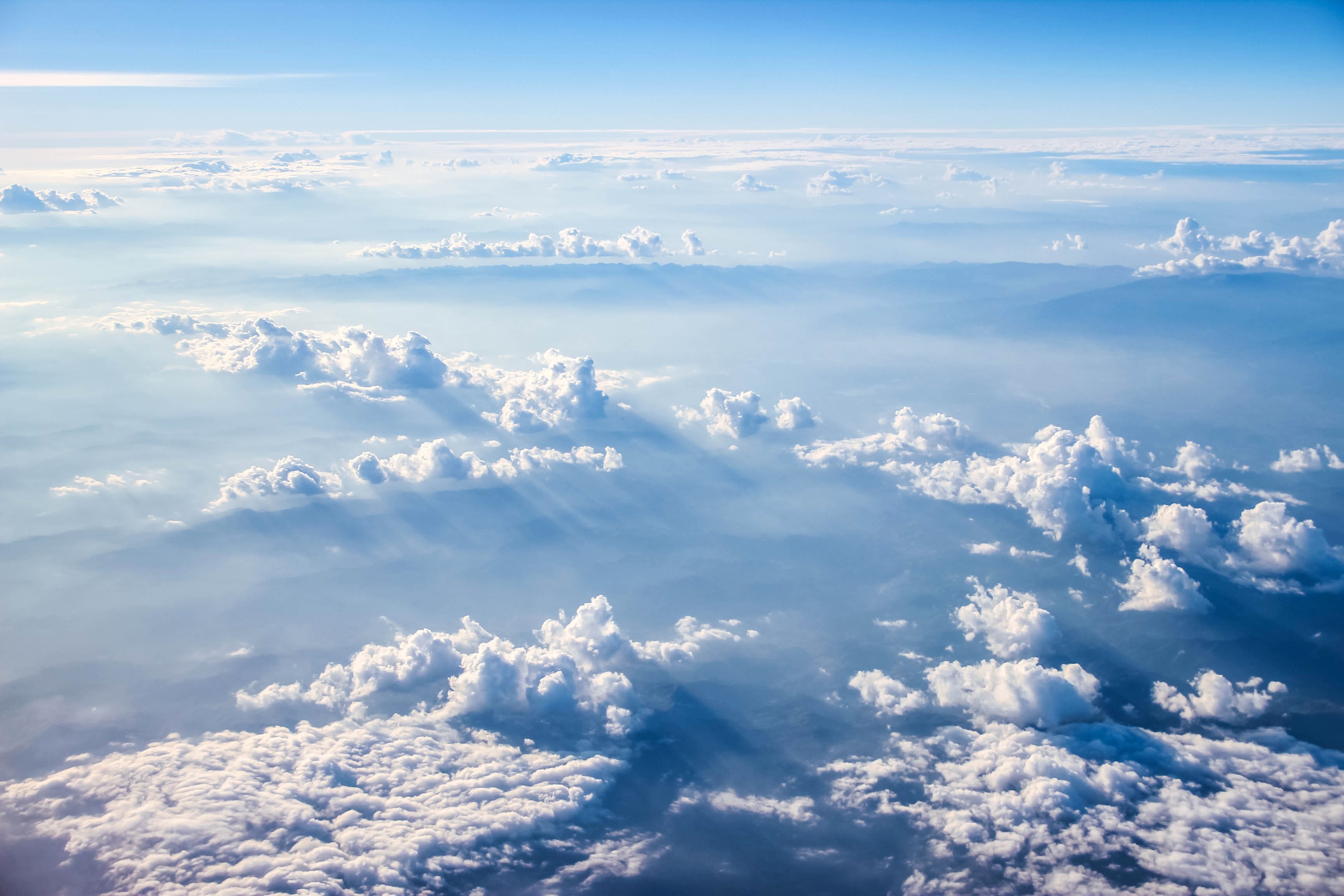 scenics, sky, sunlight, stratosphere, outdoors, aerial, high Up, blue, no People, day, cloudscape, idyllic, high Angle View, beautiful landscape, clouds, HD Wallpaper
