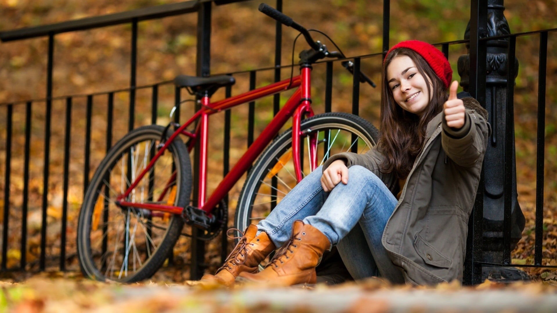 casual Clothing, females, brown Hair, beautiful, cute, fence, adult, jeans, 1080P, autumn, long hair, scarf, relaxation, emotion, outdoors, model, leaves, HD Wallpaper