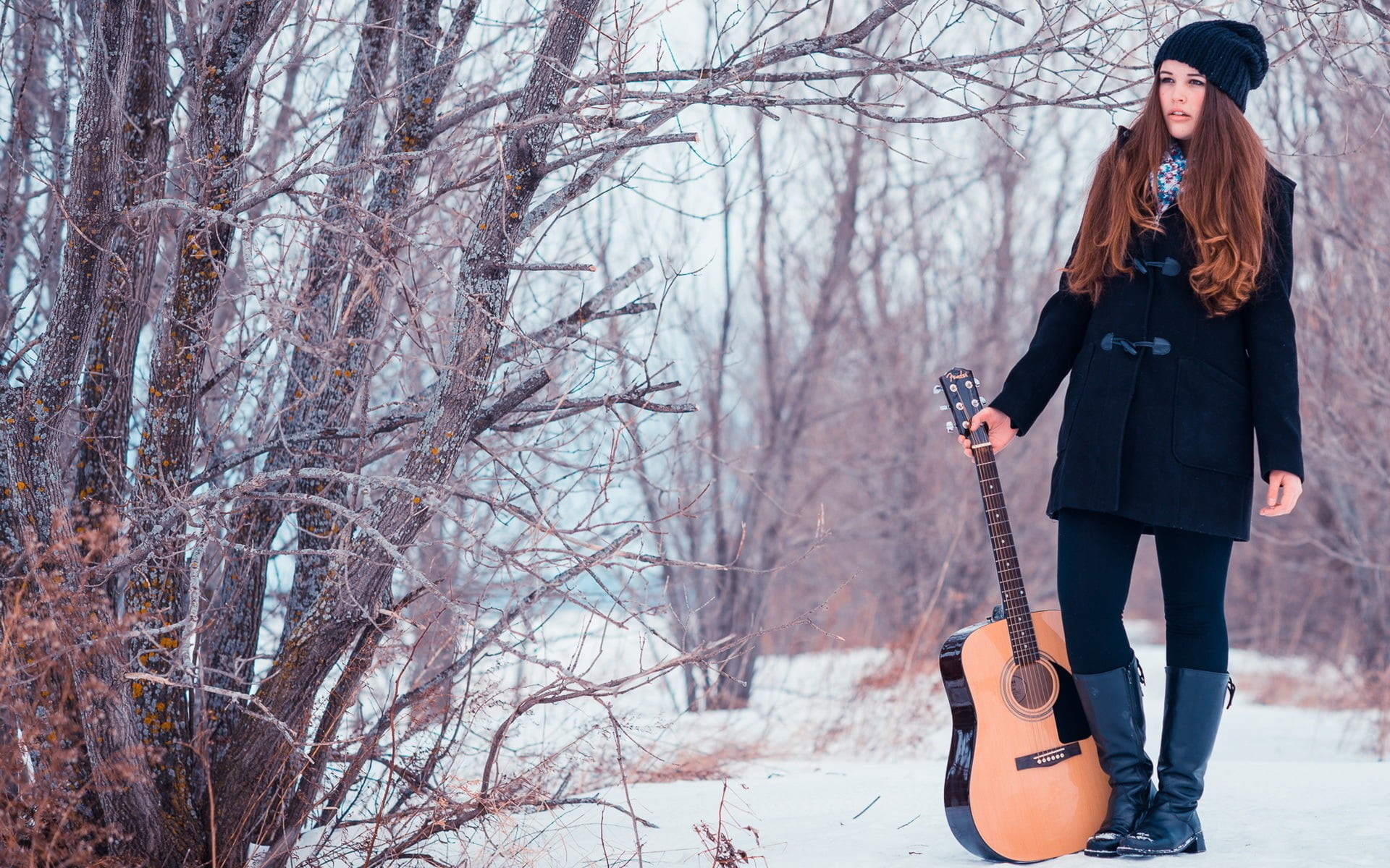 tree, women, 1080P, women outdoors, warm clothing, trees, nature, young adult, guitar, landscape, knee-high boots, lifestyles, leisure activity, scarf, HD Wallpaper