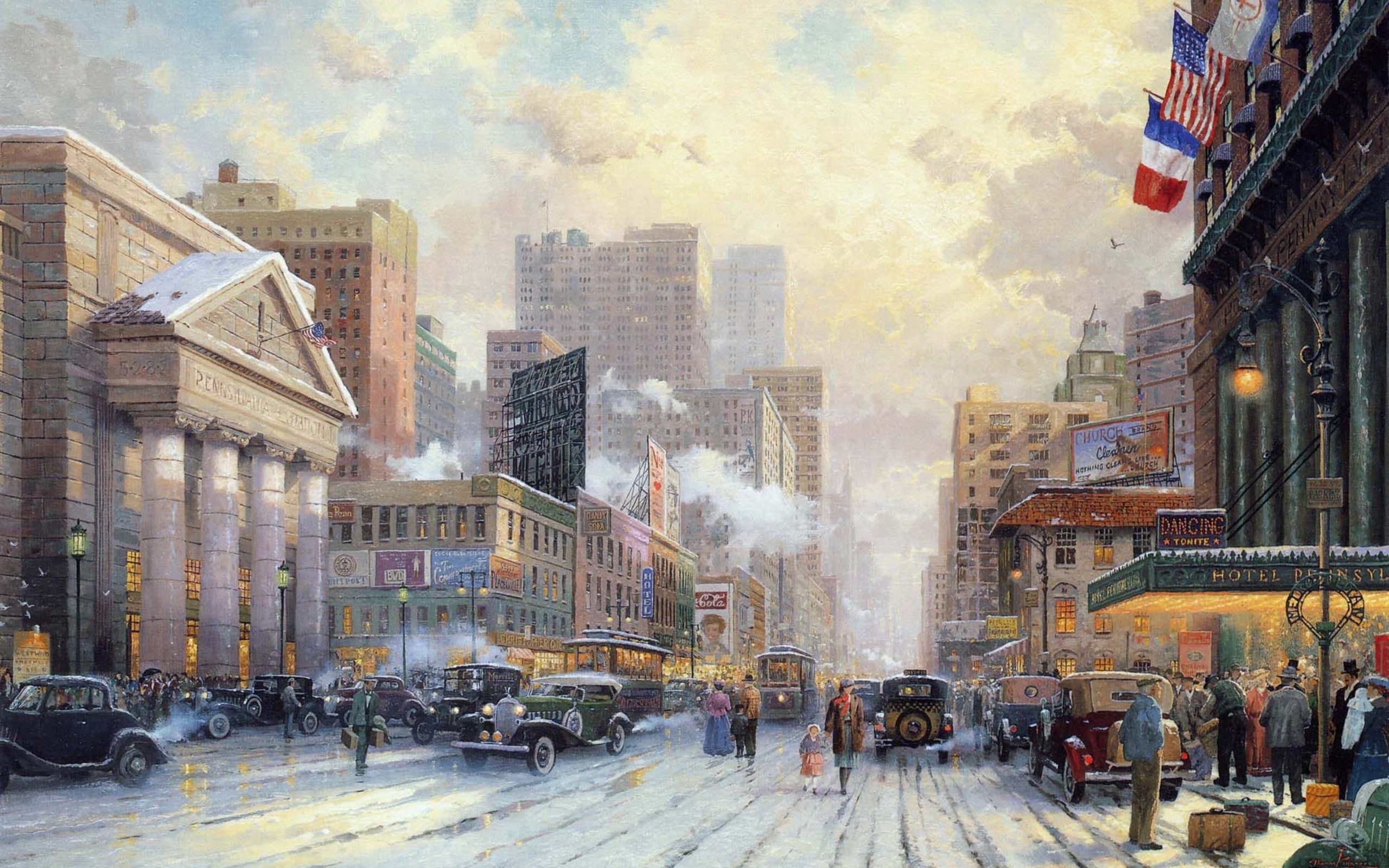 street, city, snow, skyscrapers, the hotel, Thomas Kinkade, New York, France, machine, USA, winter, home, painting, the city, Snow on Seventh Avenue, 2K, HD Wallpaper