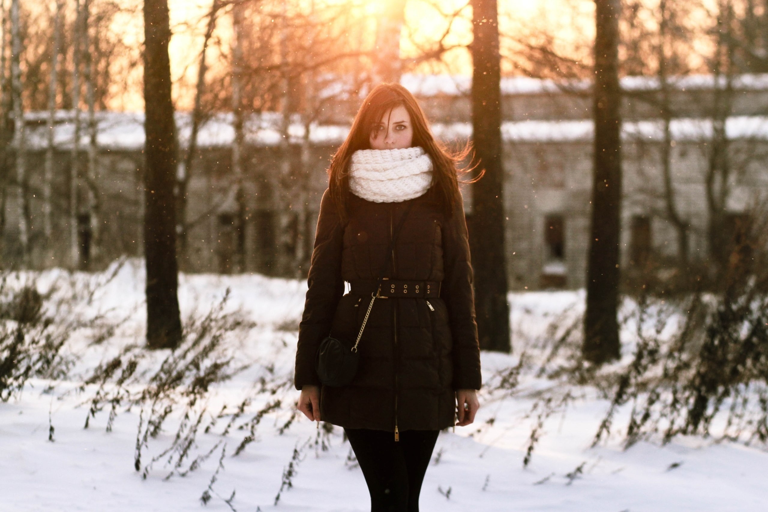 young women, sunset, Public, 2K, brunette, black pants, winter, nature, women, long hair, tree, scarf, lifestyles, warm clothing, white color, front view, HD Wallpaper