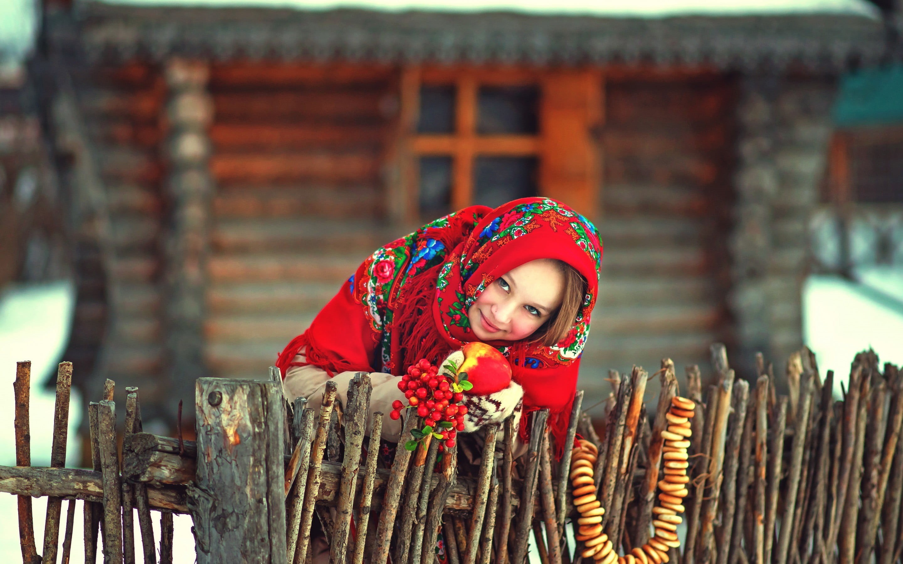 wood - material, brick, women outdoors, young adult, winter, lifestyles, traditional clothing, one person, long hair, model, looking at viewer, 2K, standing, HD Wallpaper
