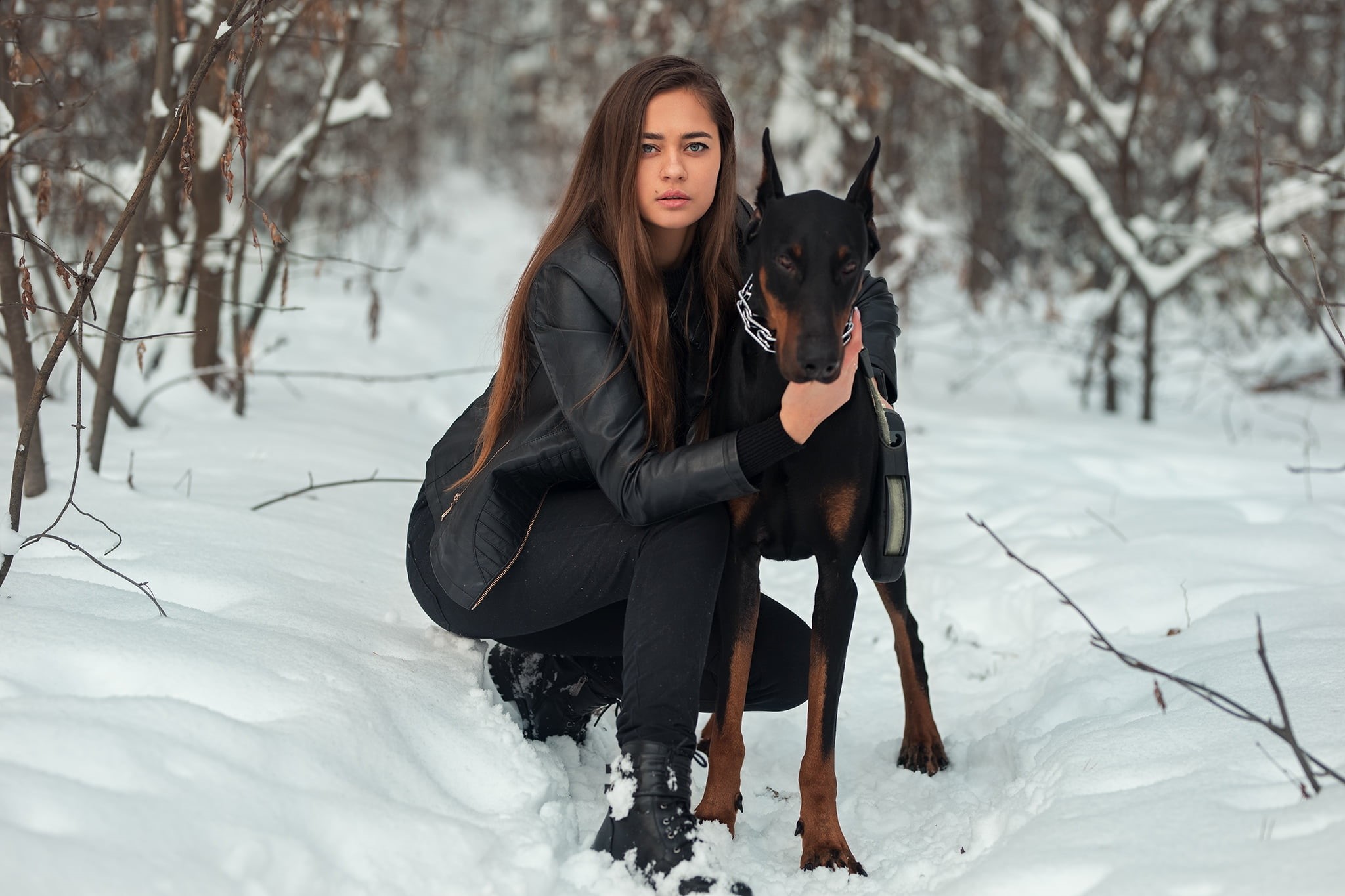 black jackets, 1080P, blue eyes, kneeling, snow, long hair, pet, brunette, animals, Dmitry Sn, black clothing, dog, outdoors, women outdoors, jacket, boots, HD Wallpaper