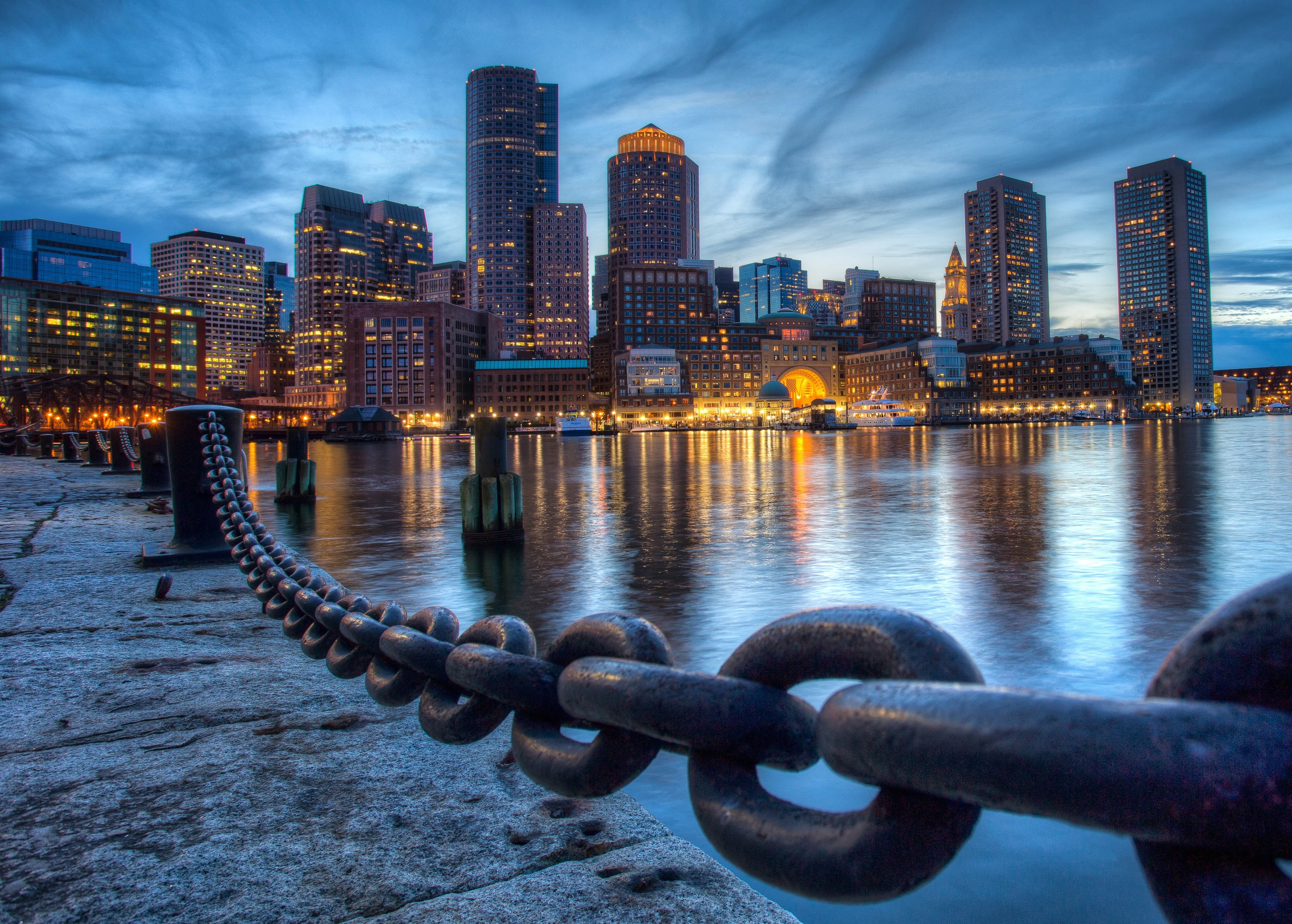 high rise buildings, body, black metal, dusk, near, Downtown Boston, famous Place, urban Scene, 4K, skyline, Fan, architecture, Pier, city, downtown District, HD Wallpaper