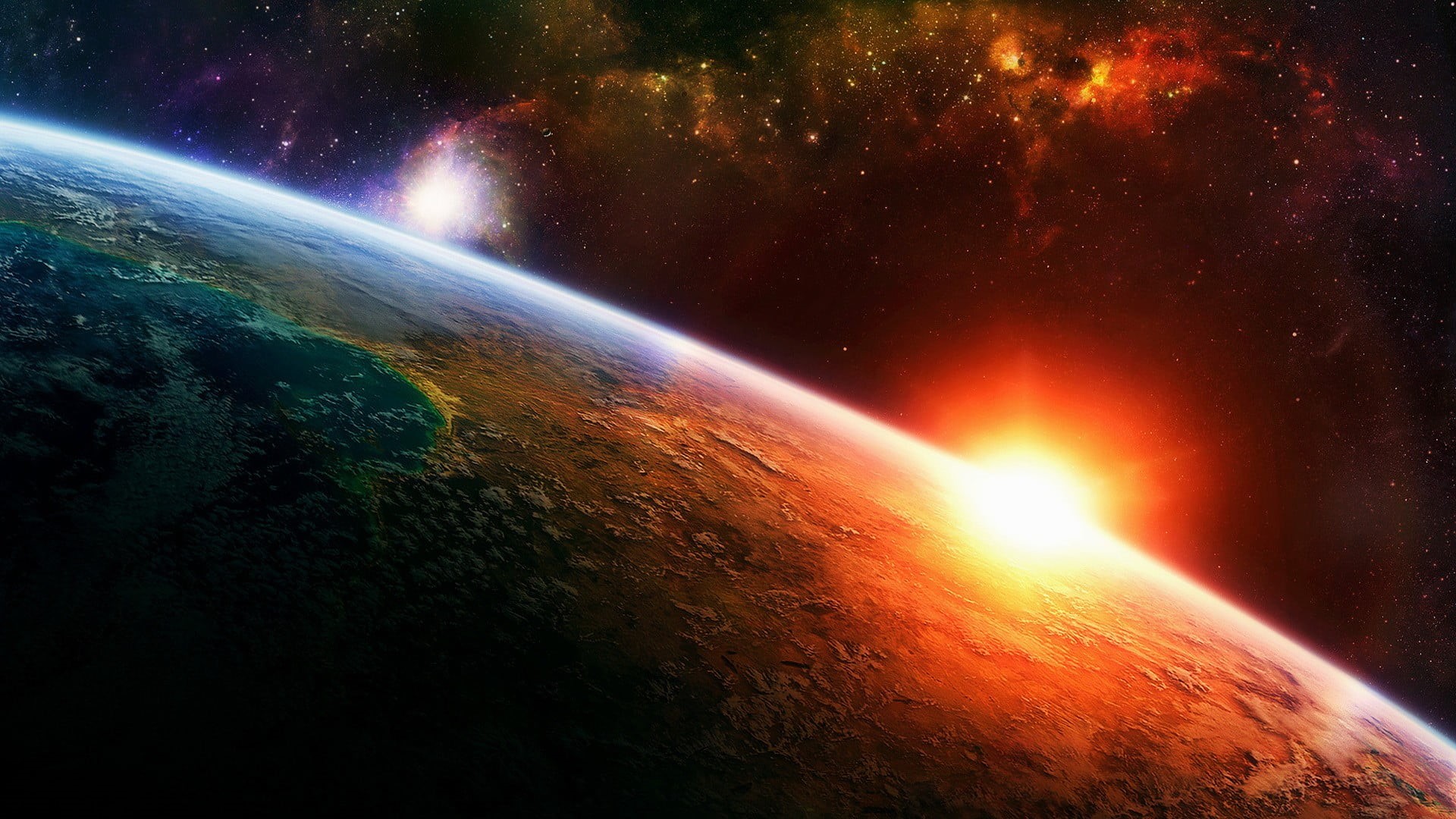 sky, lens flare, astronomy, planet, star - space, light - natural phenomenon, illuminated, nature, no people, 1080P, blue, planet earth, satellite view, HD Wallpaper