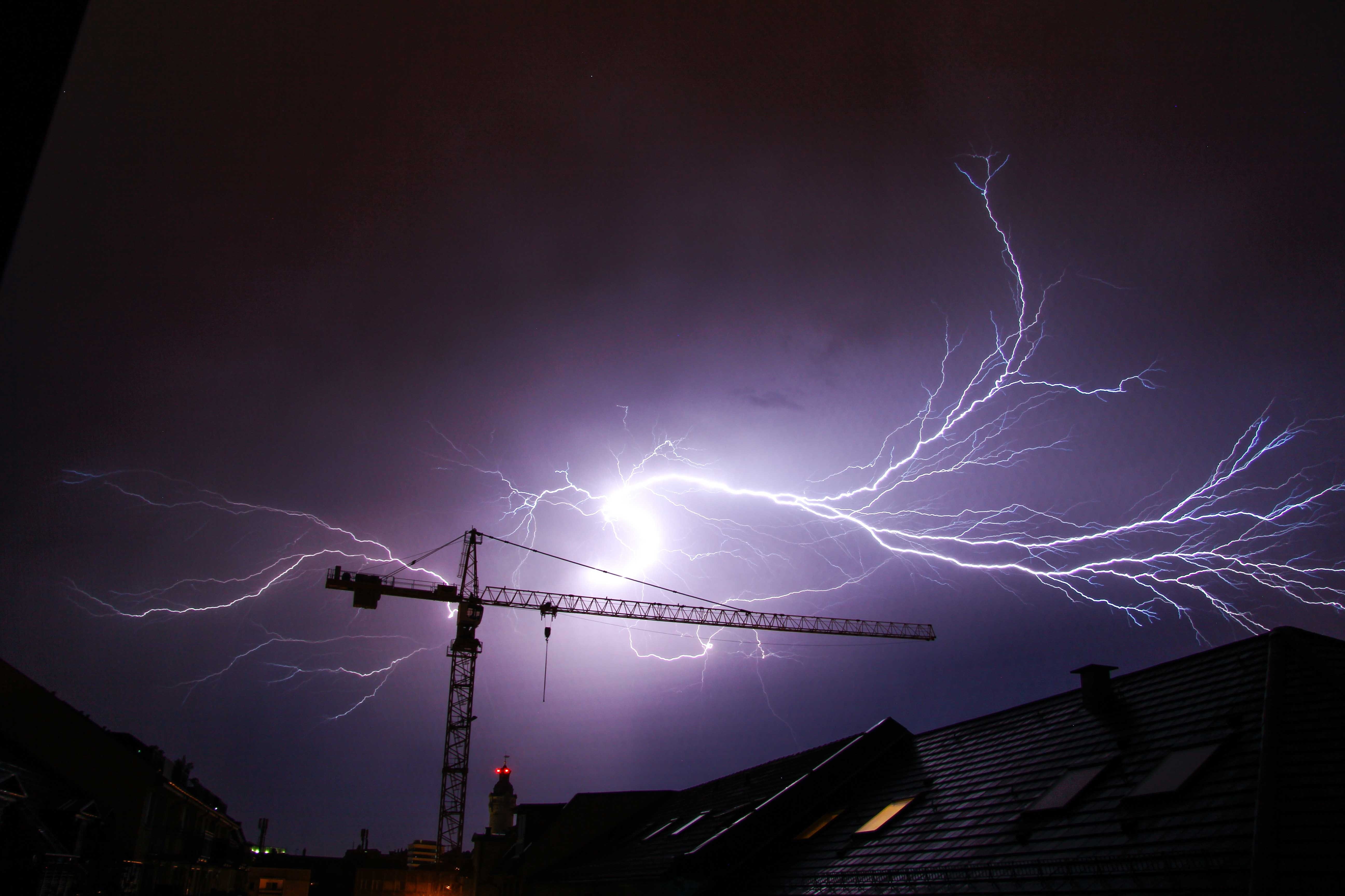 thunderstorm, force, over the rooftops, forward, dormer windows, black, night, clouds, ground, flash, natural disaster, lightning, disaster, electricity, HD Wallpaper