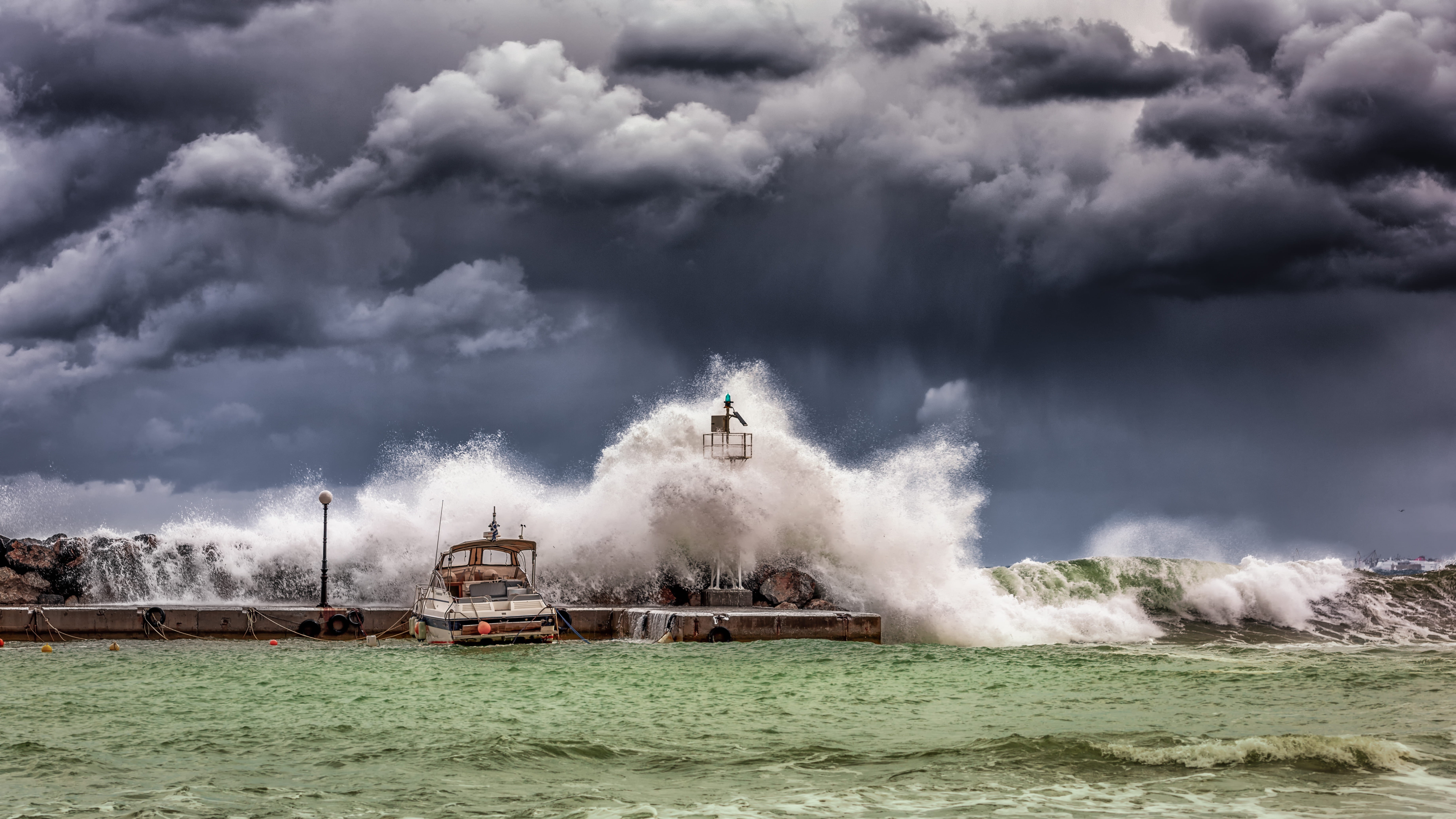 sea, environment, nature, natural disaster, big, wave crashing, beauty in nature, 5K, waves, ocean, typhoon, nautical vessel, storm, tsunami, sky, cloudy, HD Wallpaper