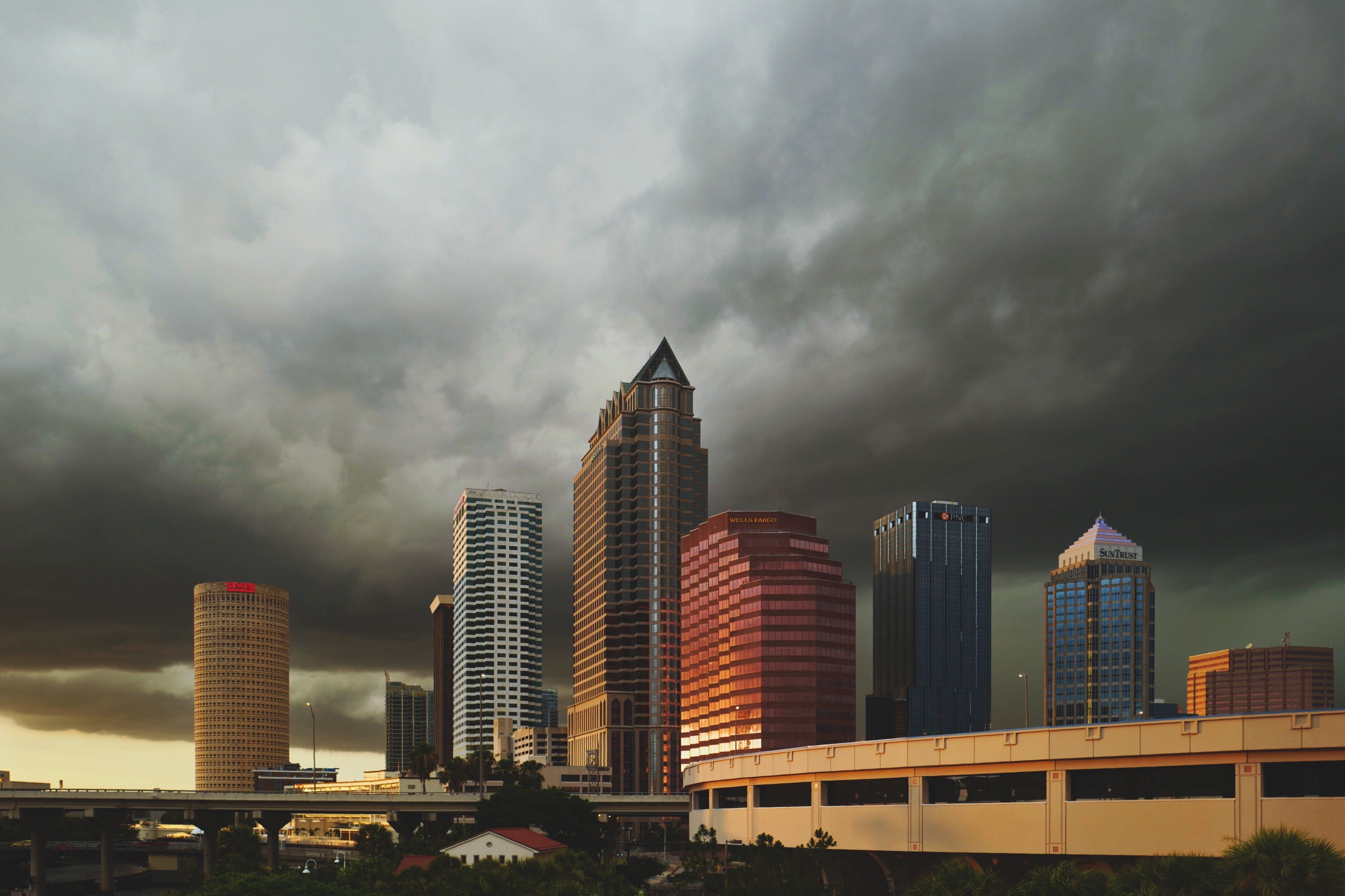 storm, sunrise, angle, financial district, surrounded, built structure, tower, nature, tall - high, cityscape, 2K, downtown, wide, architectural, photo, HD Wallpaper