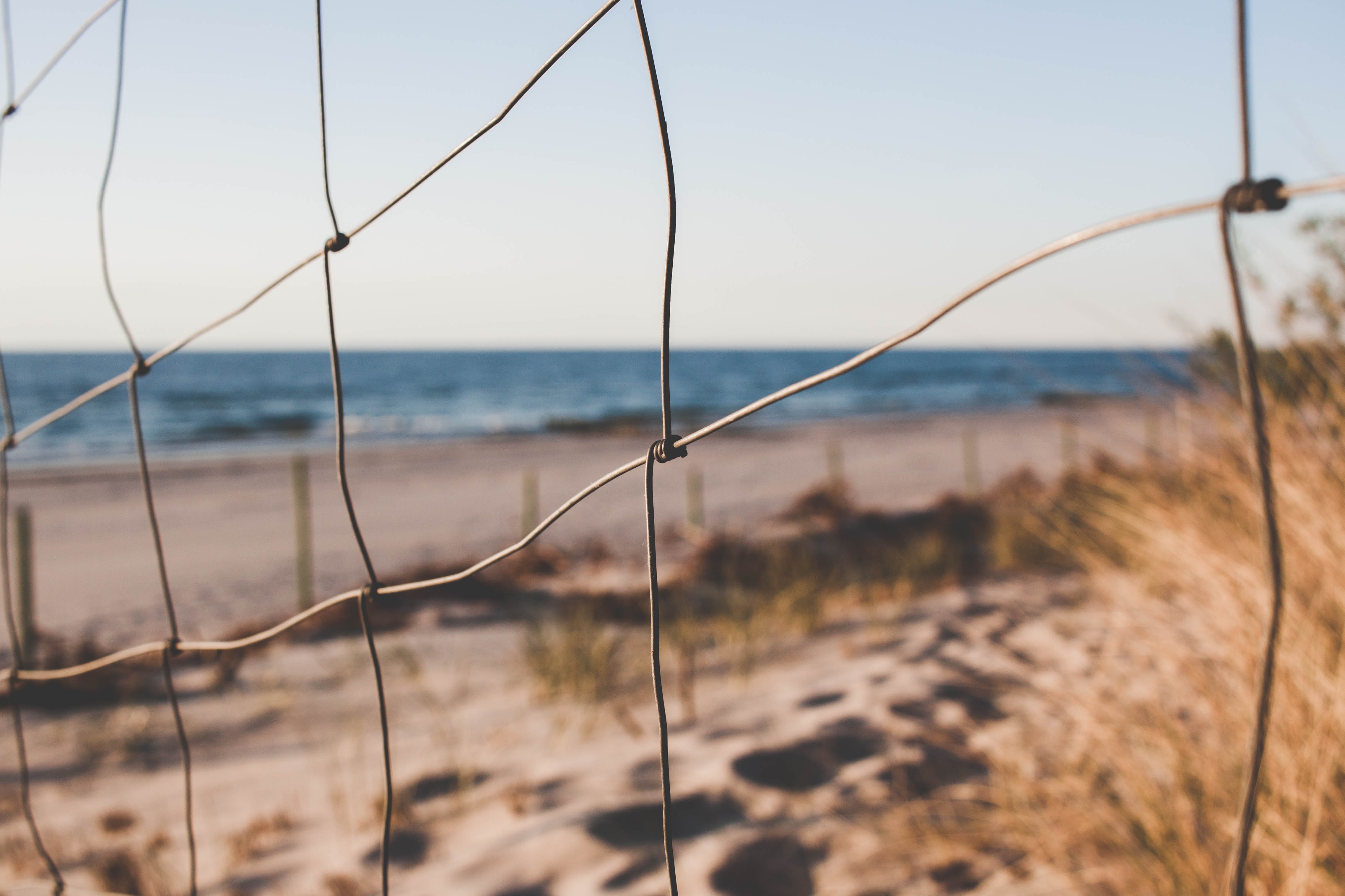 link, ocean, water, land, day, beach, outdoors, metal, no people, gray, protection, safety, depth of field, wire, beauty in nature, sea, clear sky, shore, HD Wallpaper