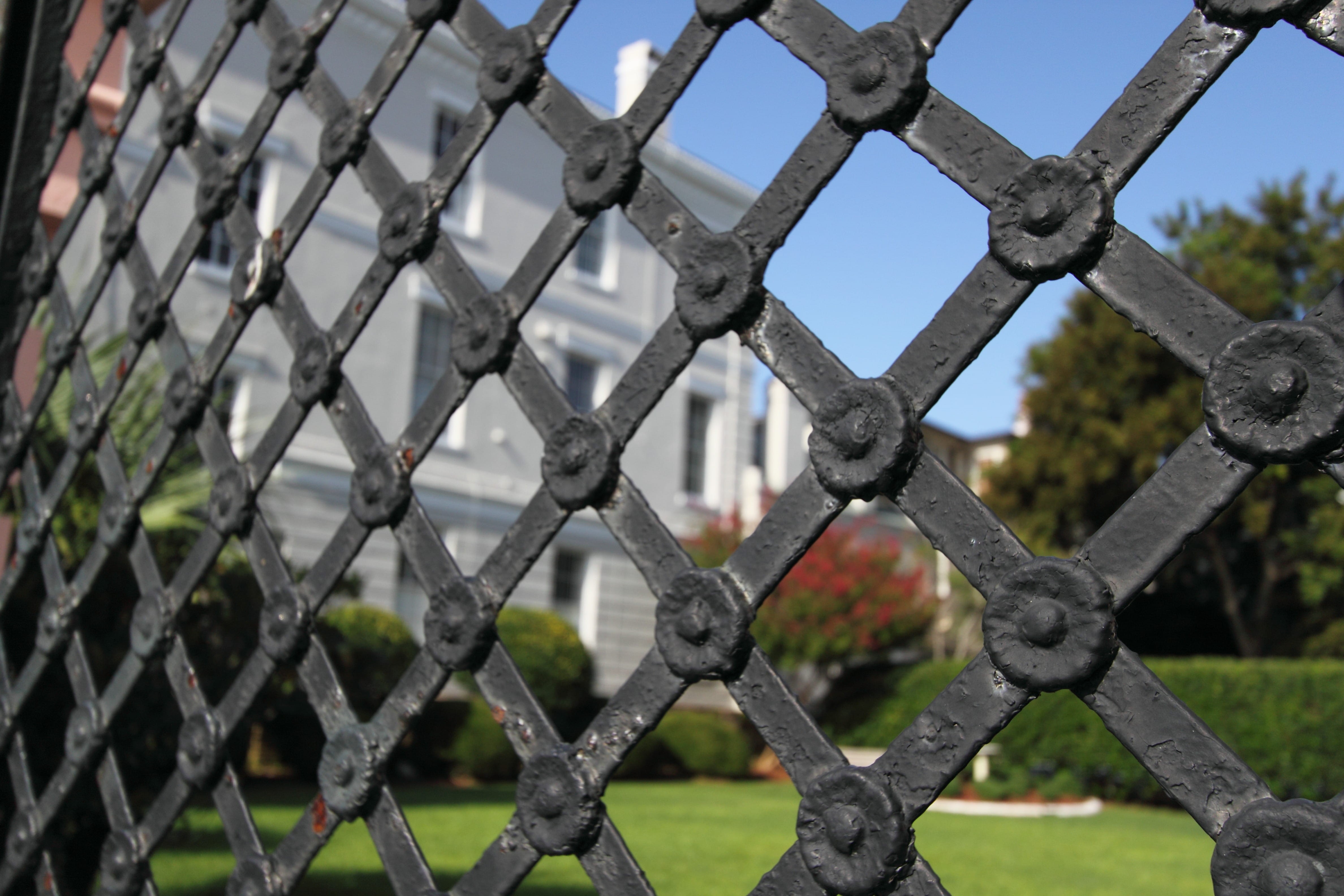 gate, pattern, black, Fence, home, security, secure, boundary, defence, protection, grass, Metal, Architecture, privacy, sky, day, border, property, no people, HD Wallpaper